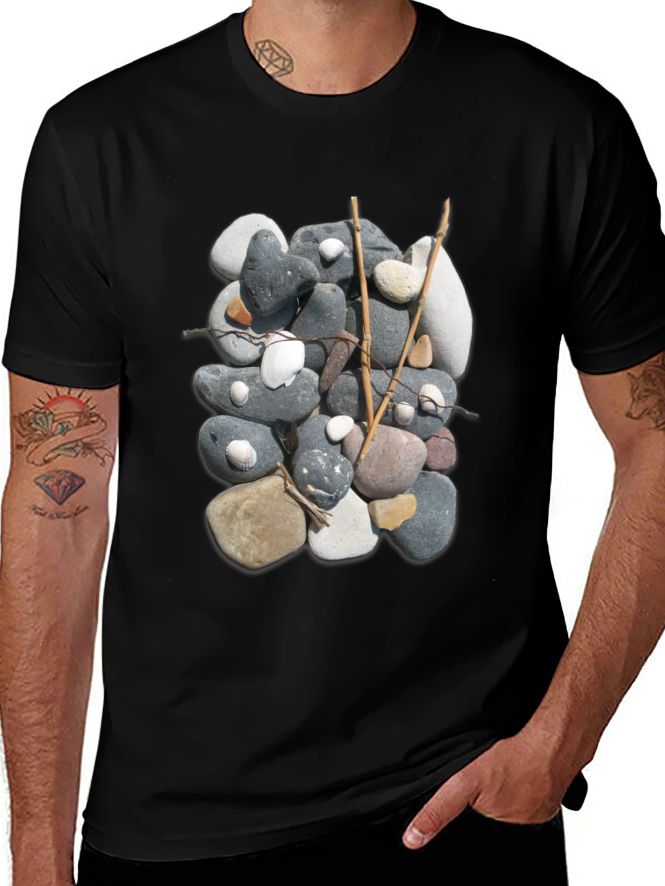 Stone and Stick Design Black T-Shirt