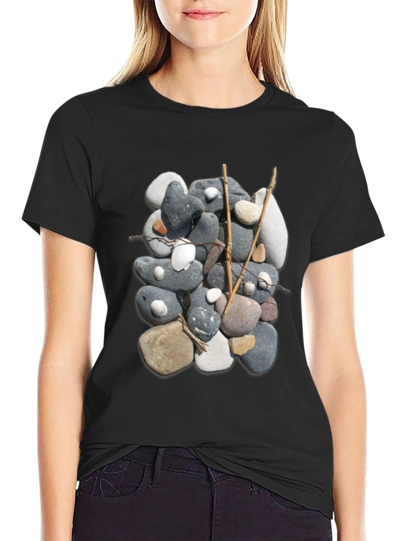 Stone and Stick Design Black T-Shirt