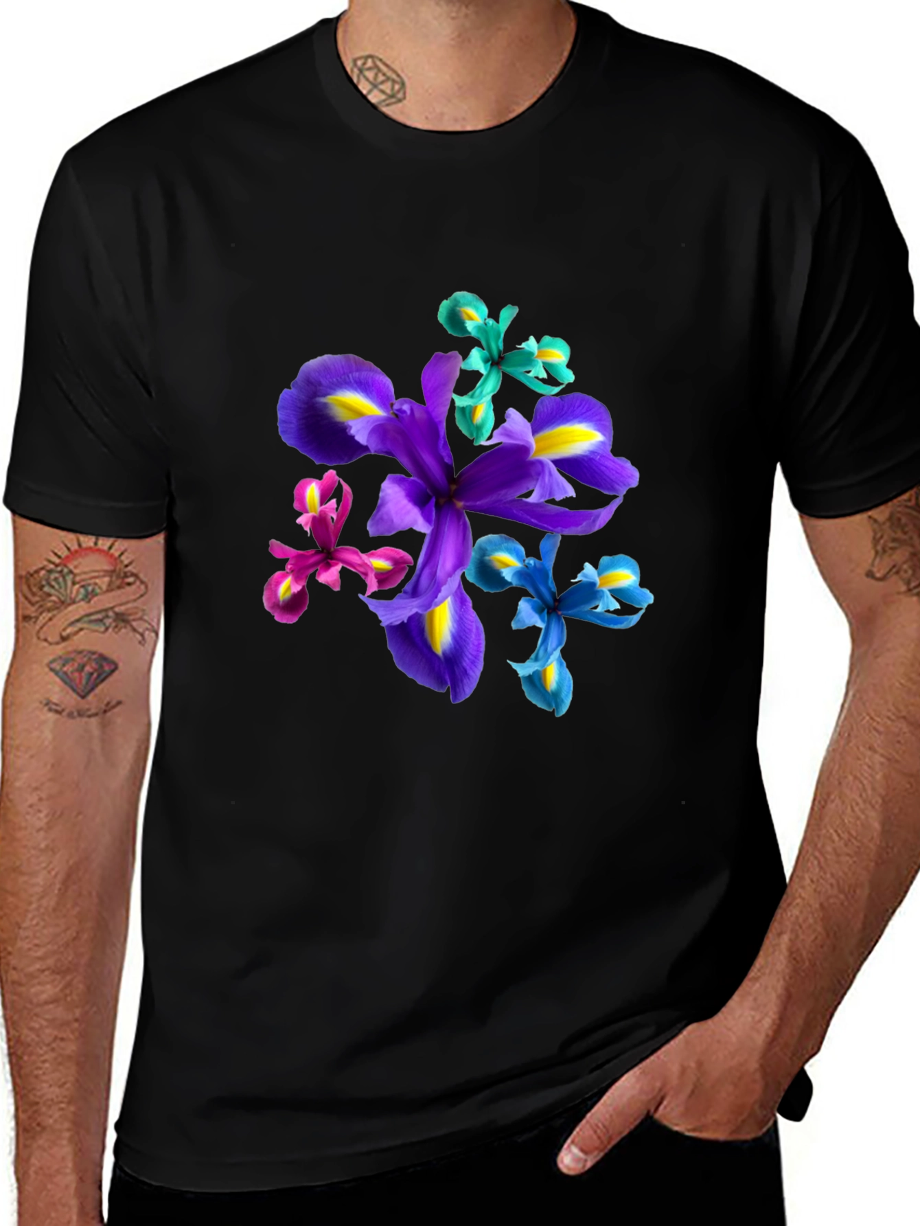 Floral Print Black T-Shirt - Iris Design