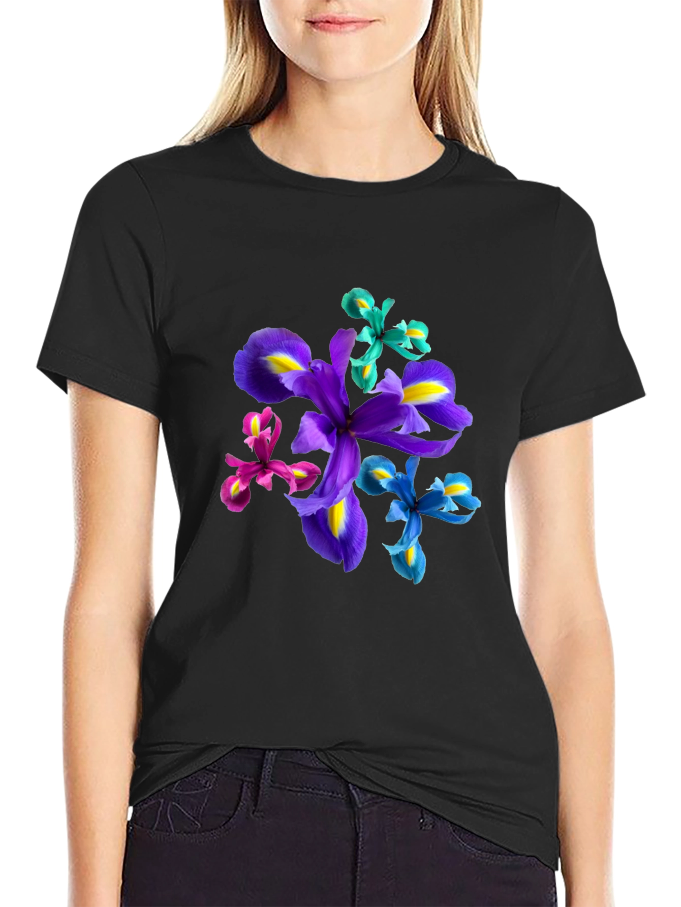 Floral Print Black T-Shirt - Iris Design