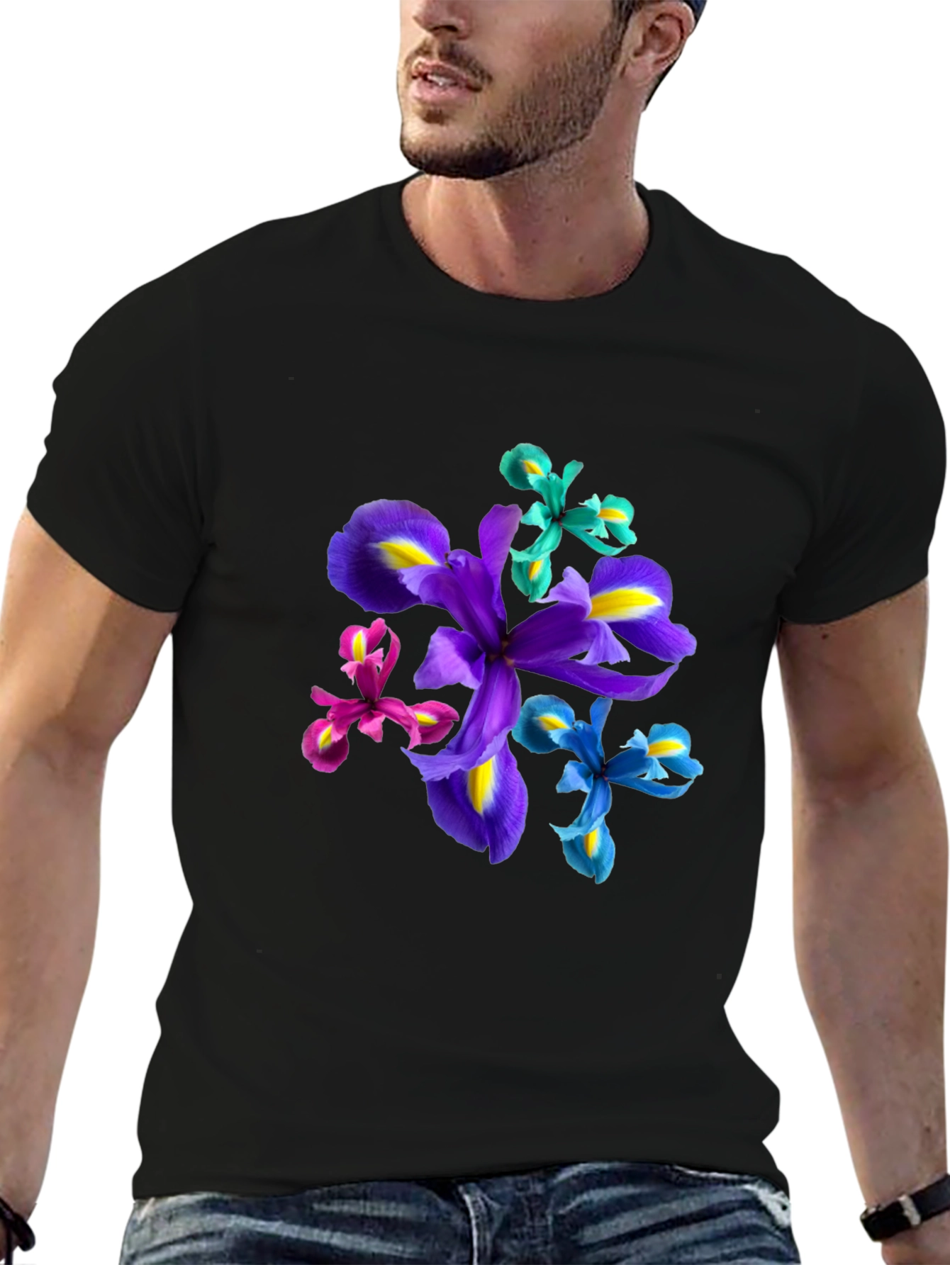 Floral Print Black T-Shirt - Iris Design