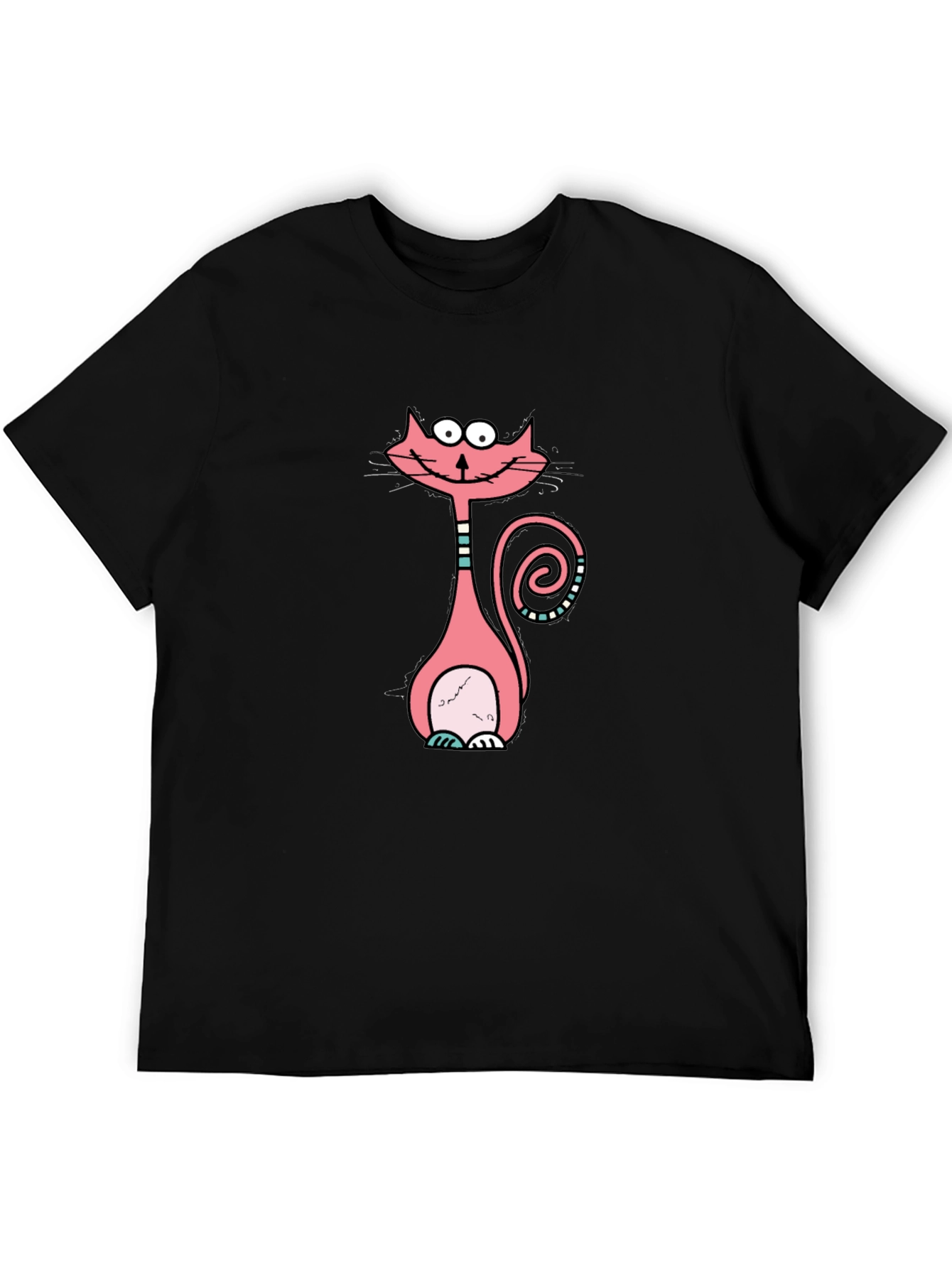 Funny Cartoon Cat Graphic Tee - Black Cotton T-Shirt