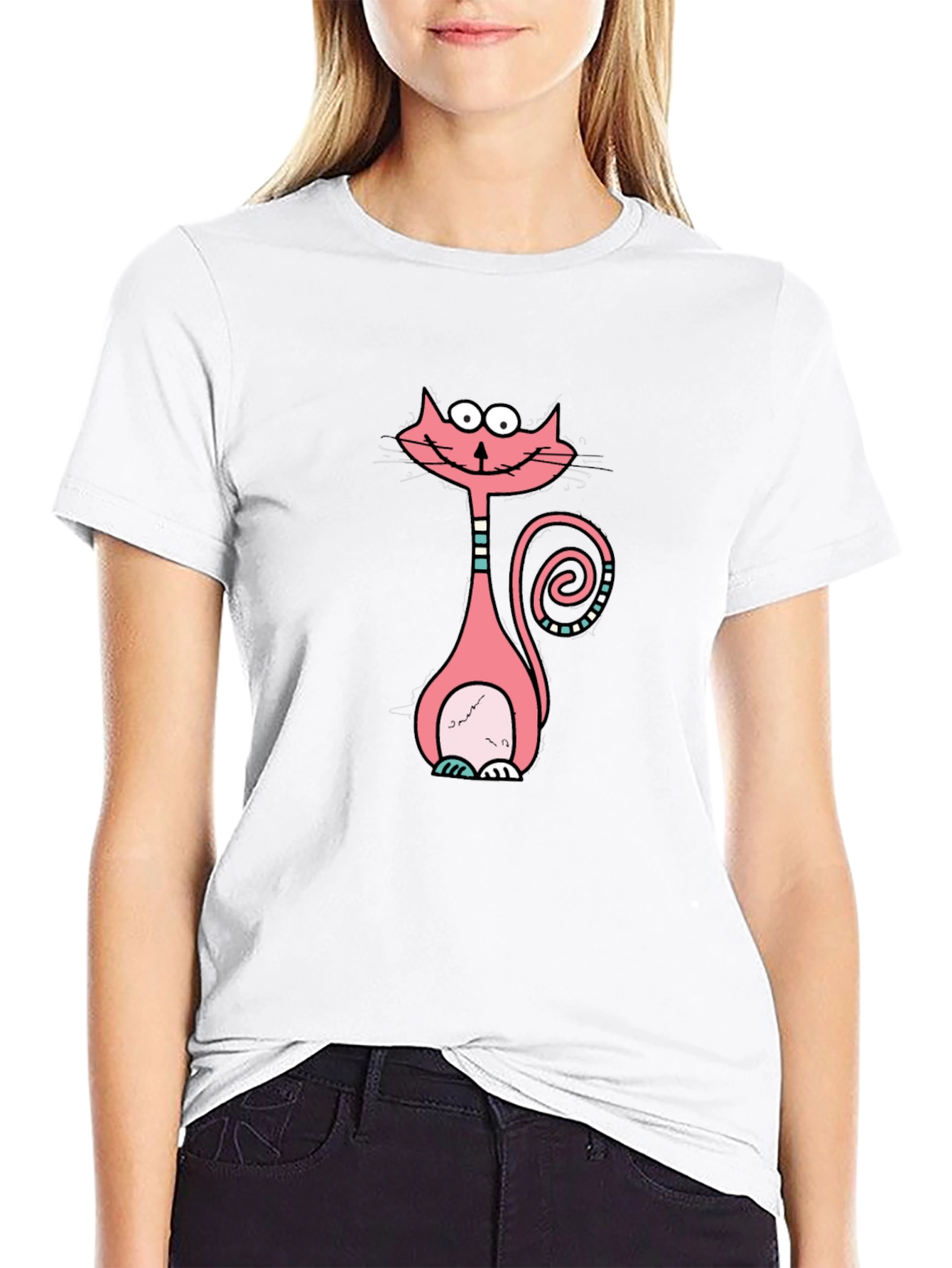 Funny Cartoon Cat Graphic Tee - Black Cotton T-Shirt