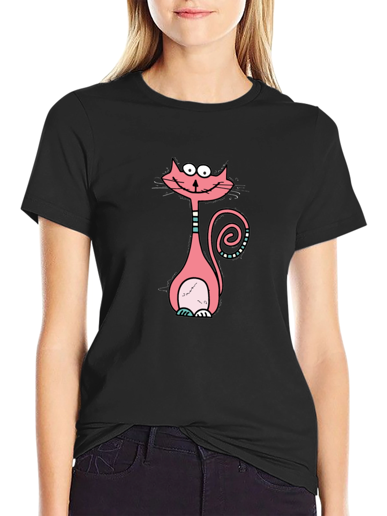 Funny Cartoon Cat Graphic Tee - Black Cotton T-Shirt