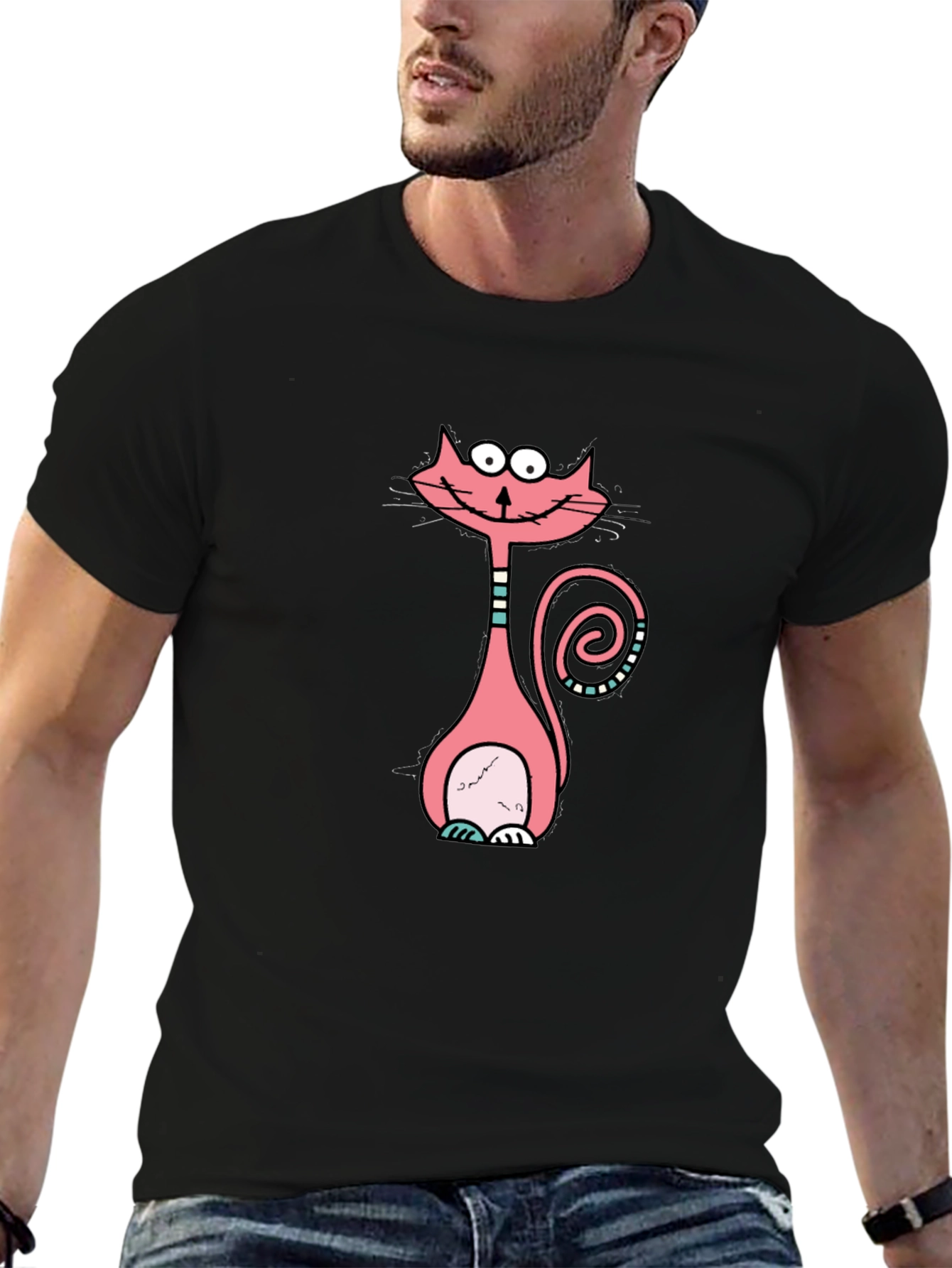 Funny Cartoon Cat Graphic Tee - Black Cotton T-Shirt