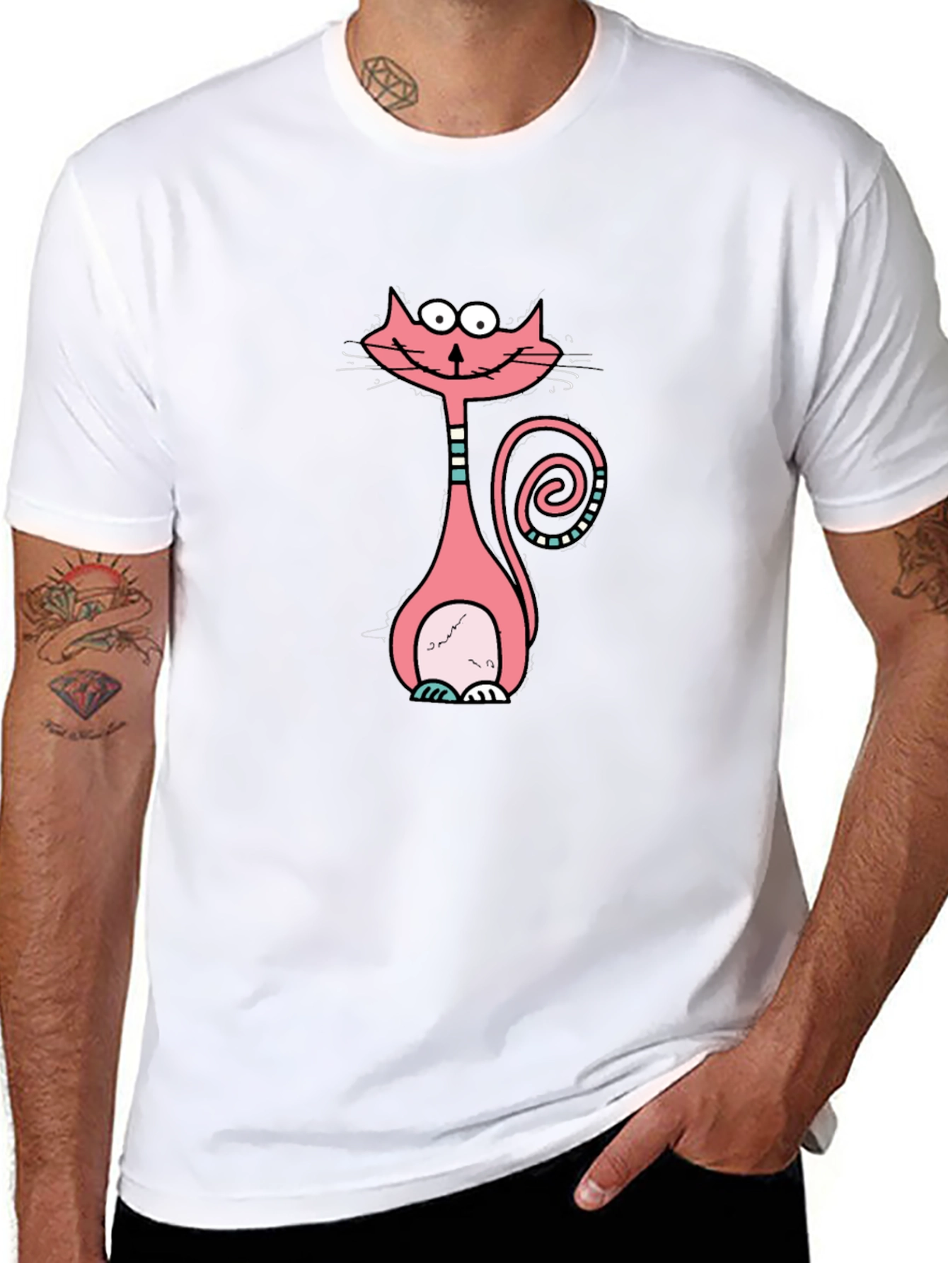 Funny Cartoon Cat Graphic Tee - Black Cotton T-Shirt