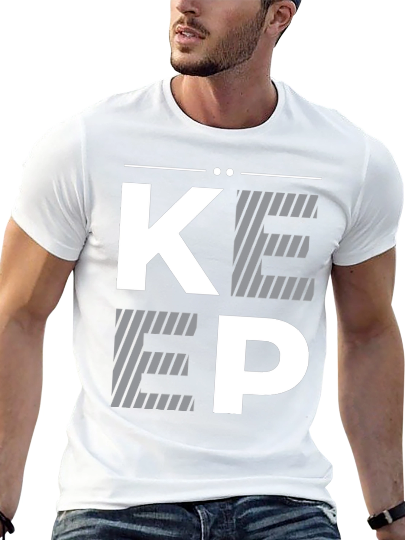 Modern Striped KEEP Graphic Print Black T-Shirt