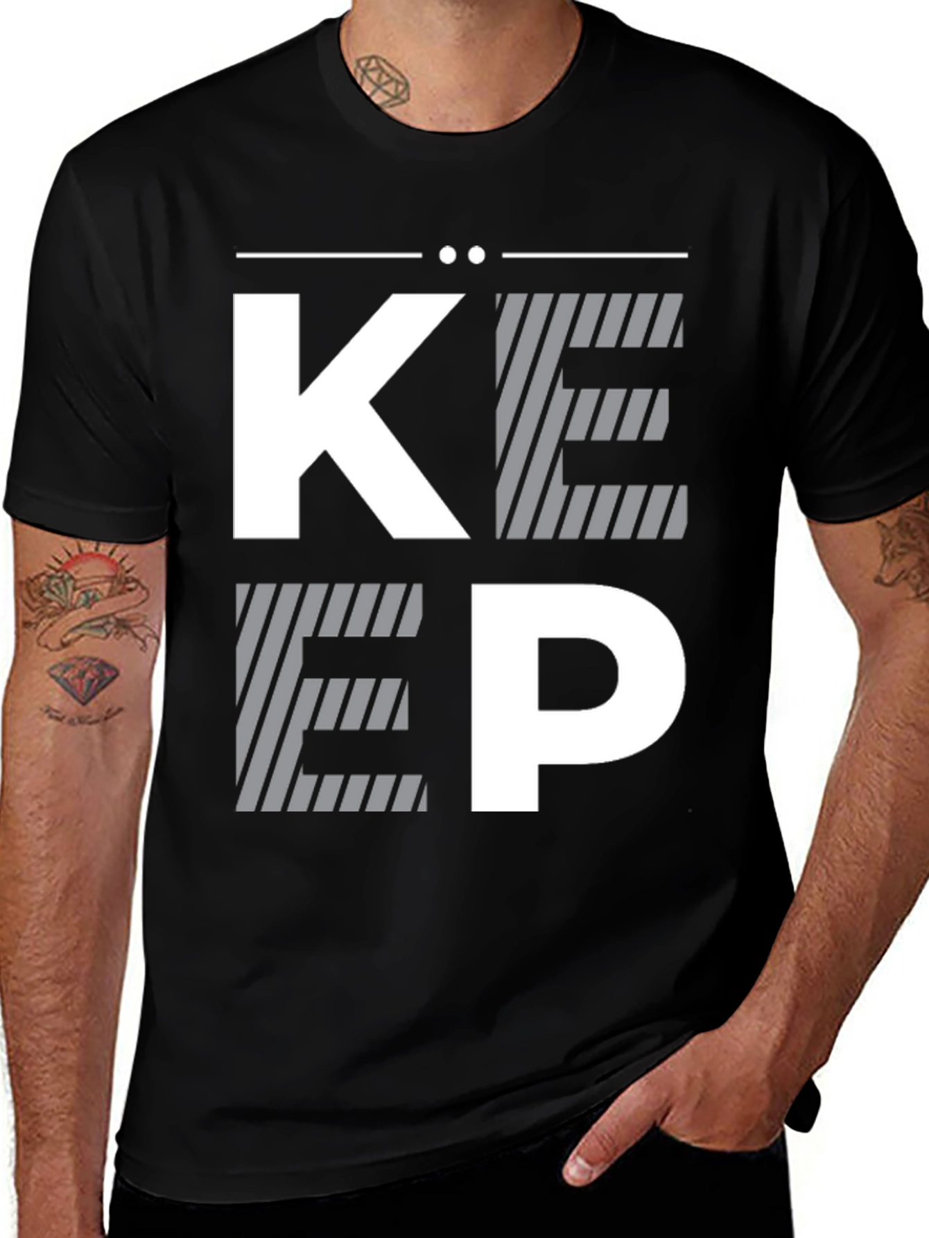 Modern Striped KEEP Graphic Print Black T-Shirt