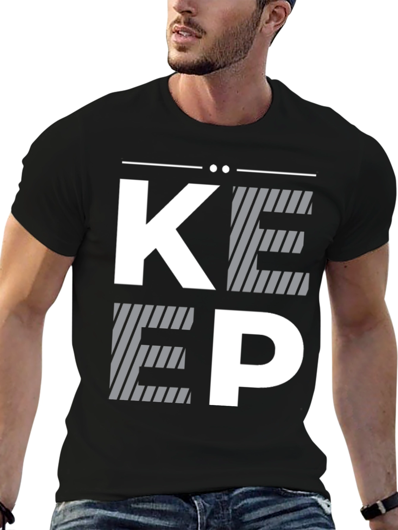 Modern Striped KEEP Graphic Print Black T-Shirt