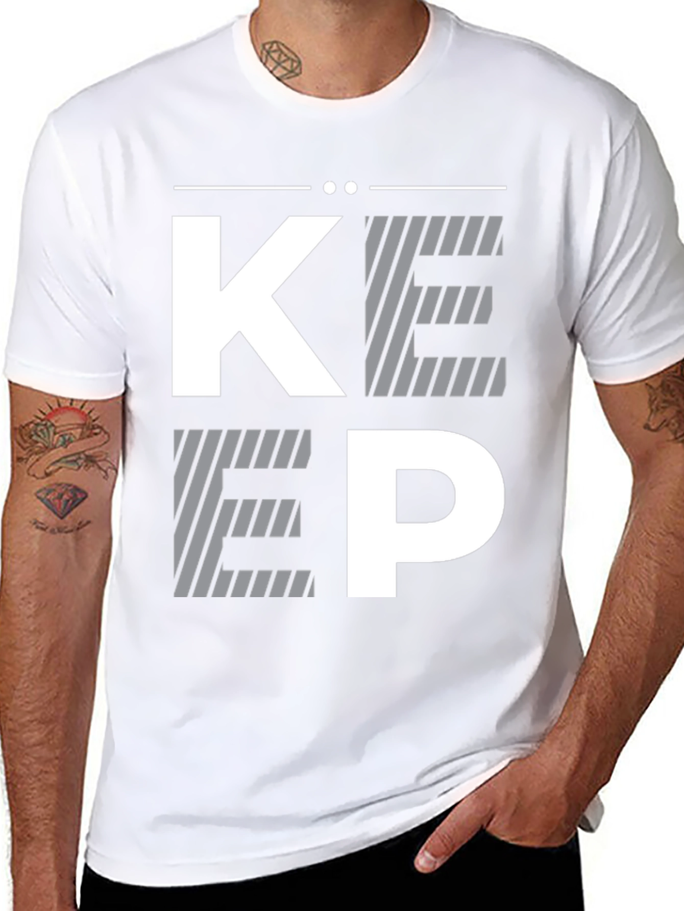 Modern Striped KEEP Graphic Print Black T-Shirt