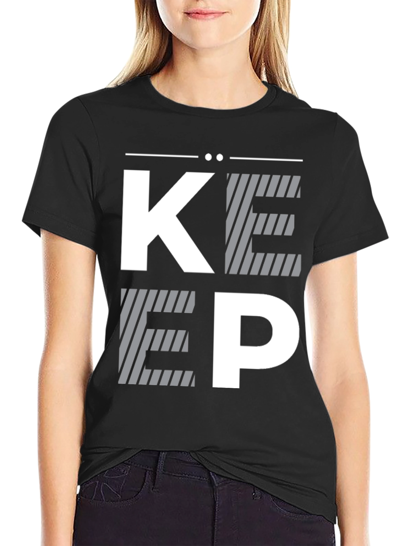 Modern Striped KEEP Graphic Print Black T-Shirt