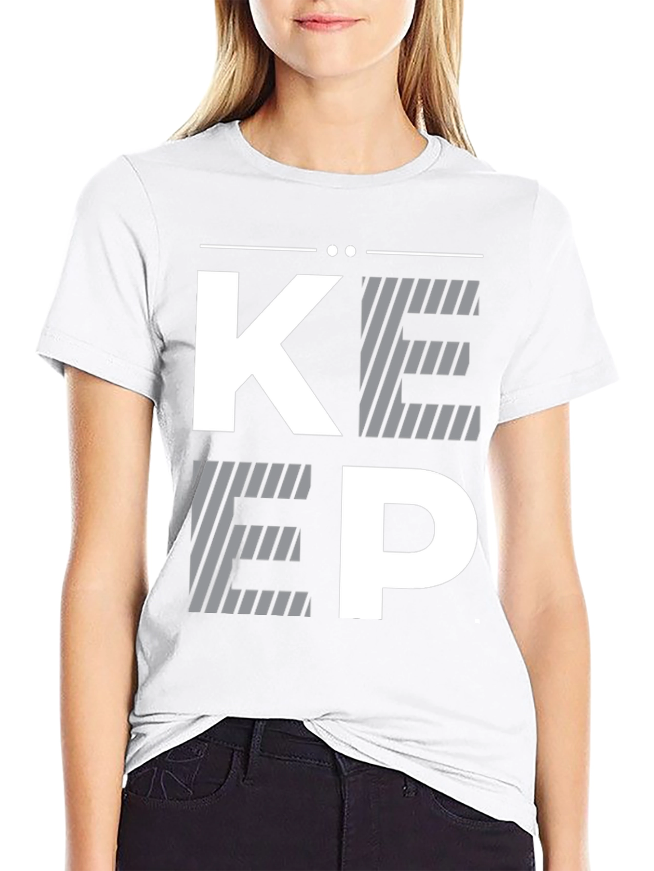 Modern Striped KEEP Graphic Print Black T-Shirt