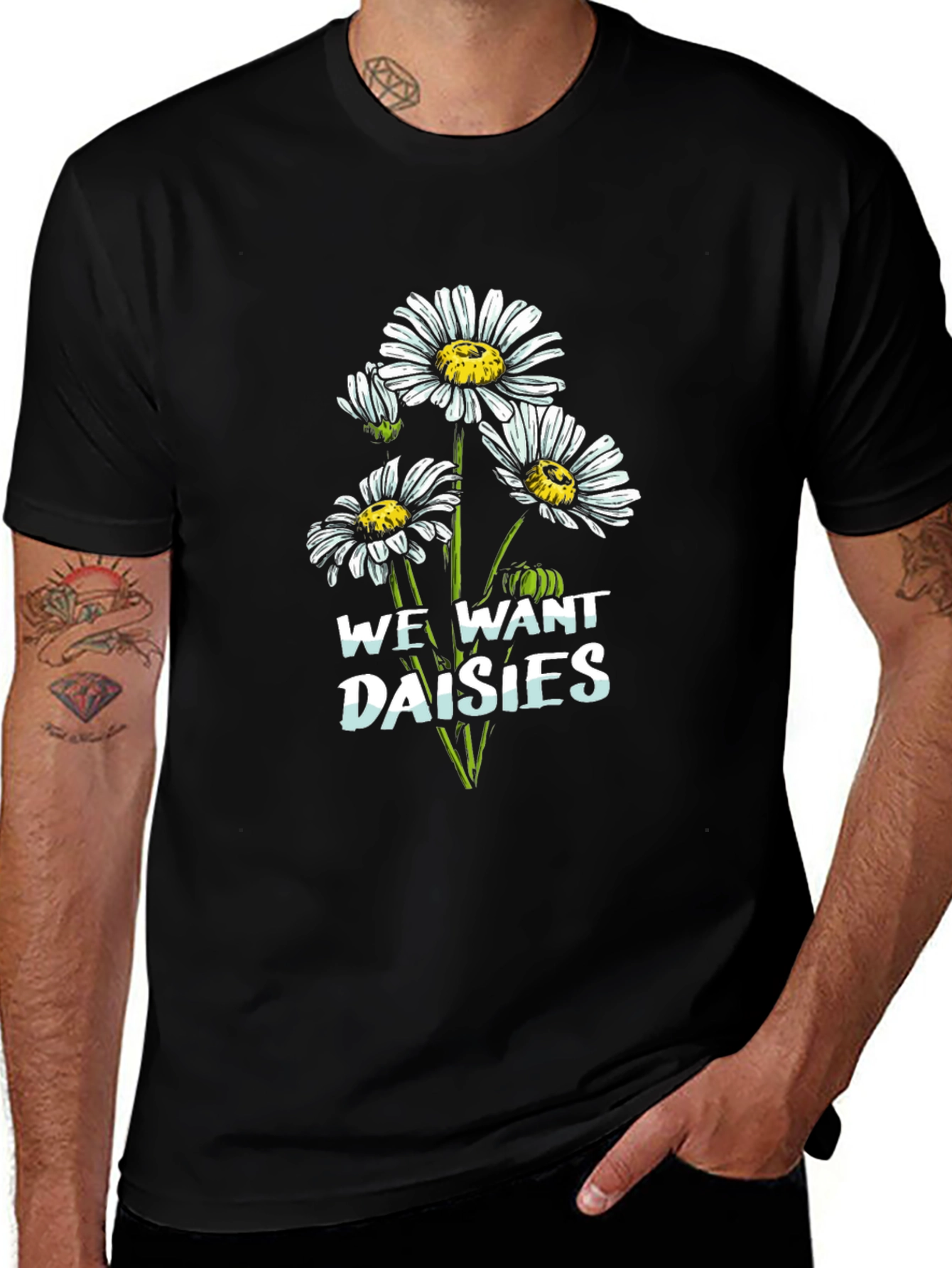 We Want Daisies Graphic Tee - Black Cotton T-Shirt