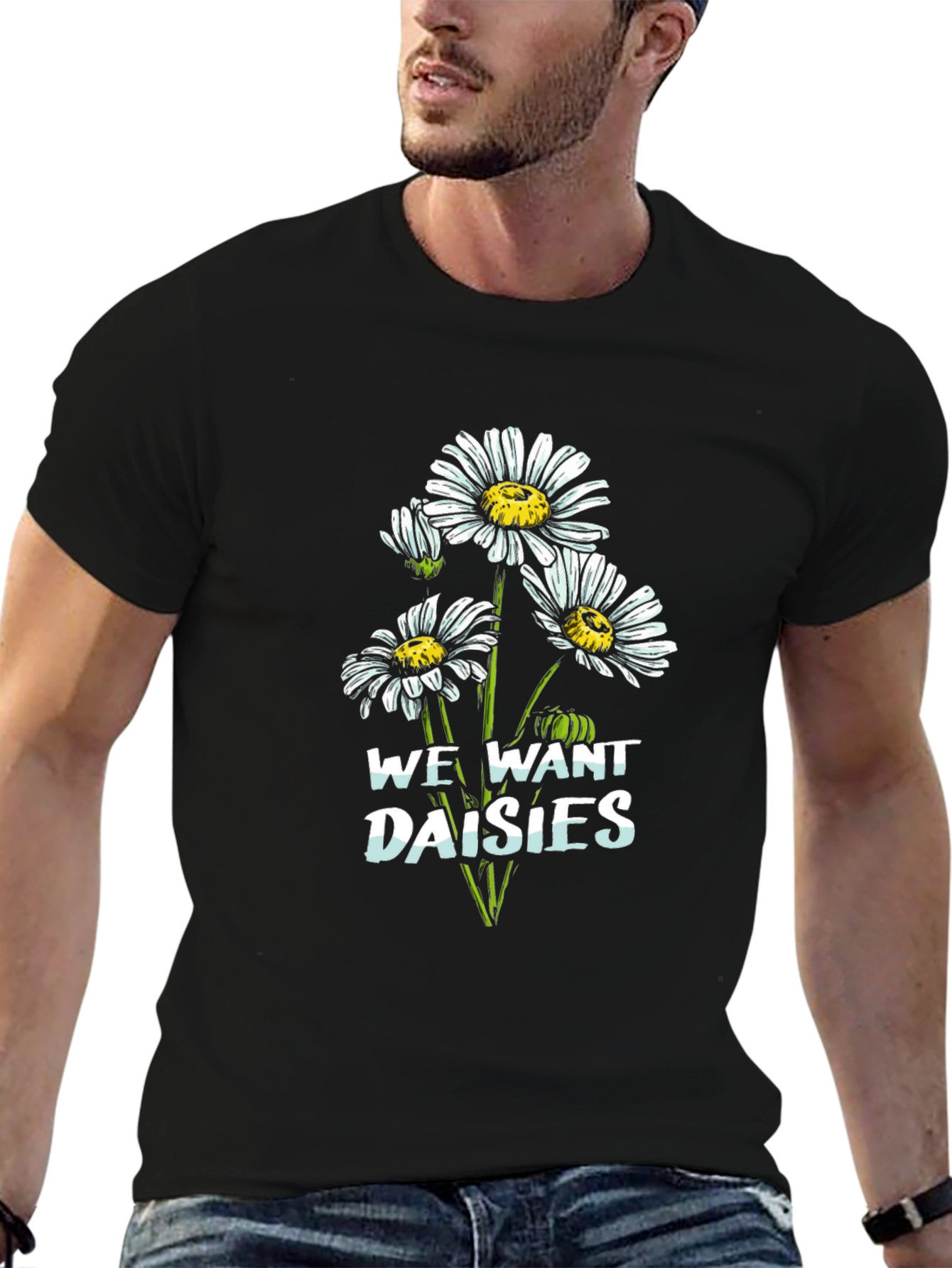 We Want Daisies Graphic Tee - Black Cotton T-Shirt