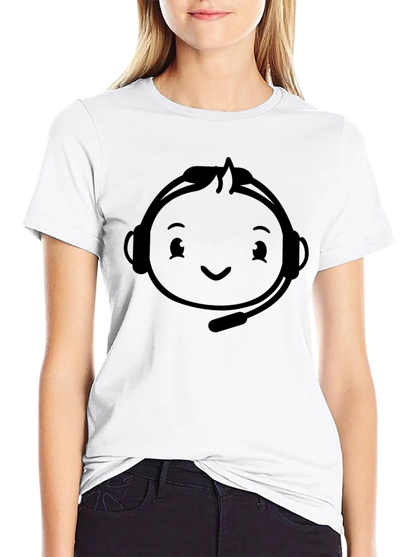 Black Gaming T-Shirt with Headset Cartoon Graphic