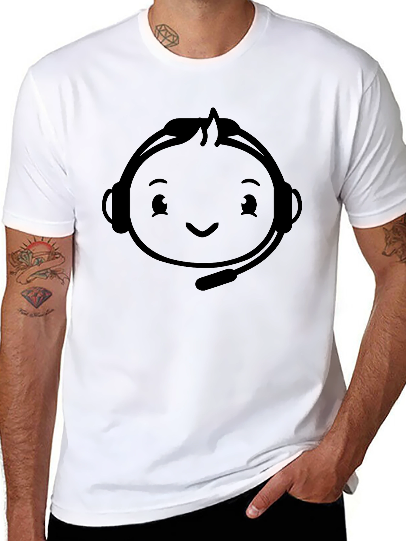 Black Gaming T-Shirt with Headset Cartoon Graphic