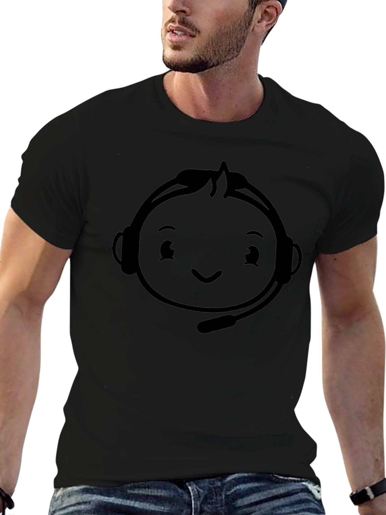 Black Gaming T-Shirt with Headset Cartoon Graphic