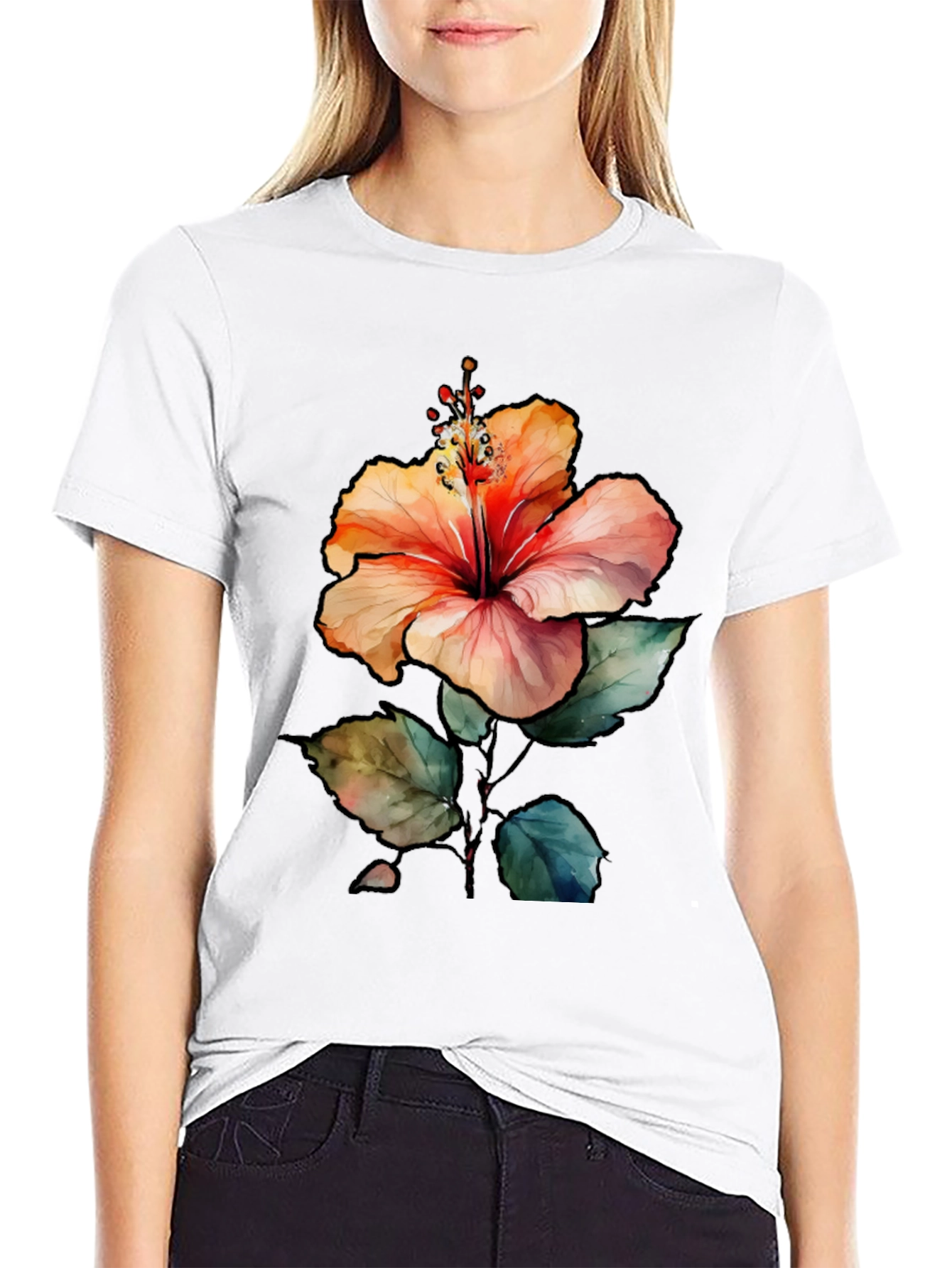 Hibiscus Flower Graphic Black T-Shirt