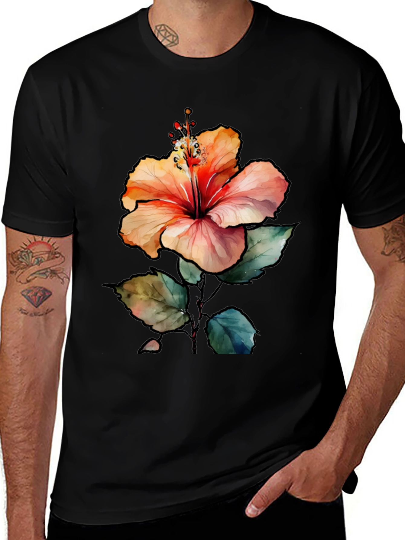 Hibiscus Flower Graphic Black T-Shirt