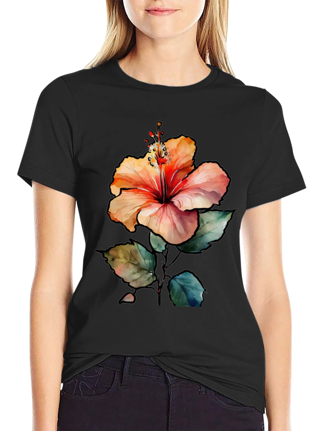 Hibiscus Flower Graphic Black T-Shirt