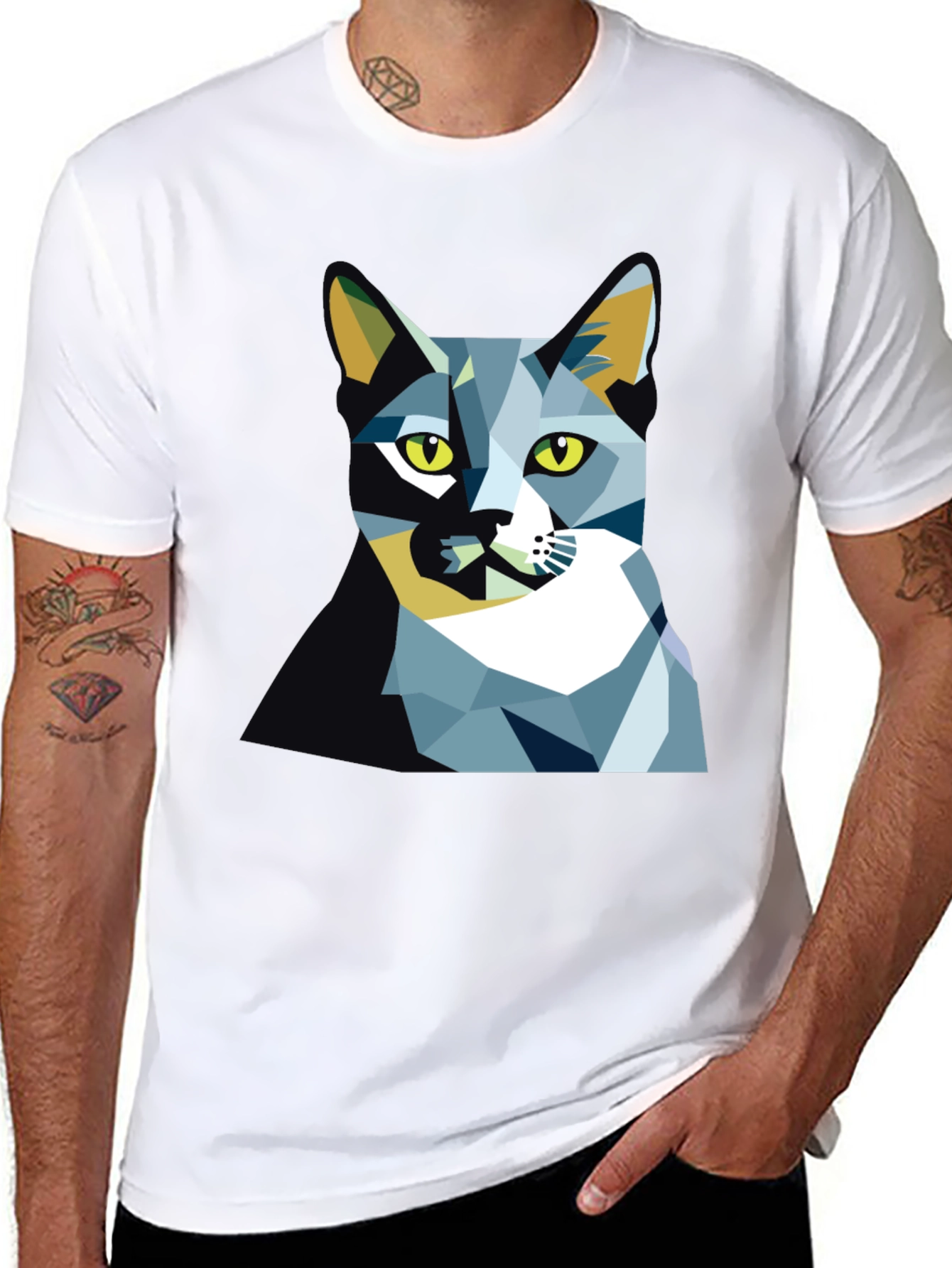 Geometric Cat Graphic Tee - Modern Art Shirt