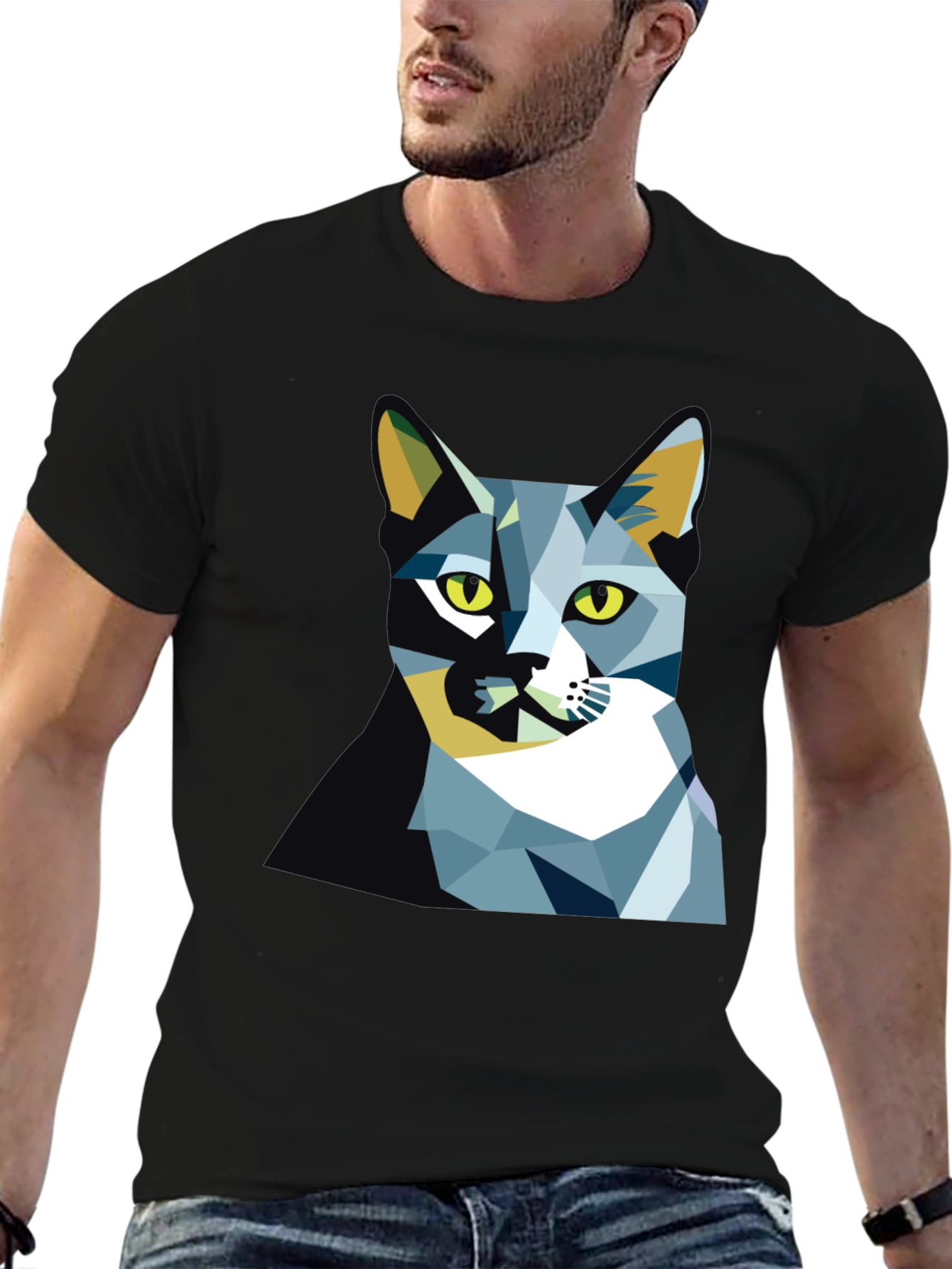 Geometric Cat Graphic Tee - Modern Art Shirt