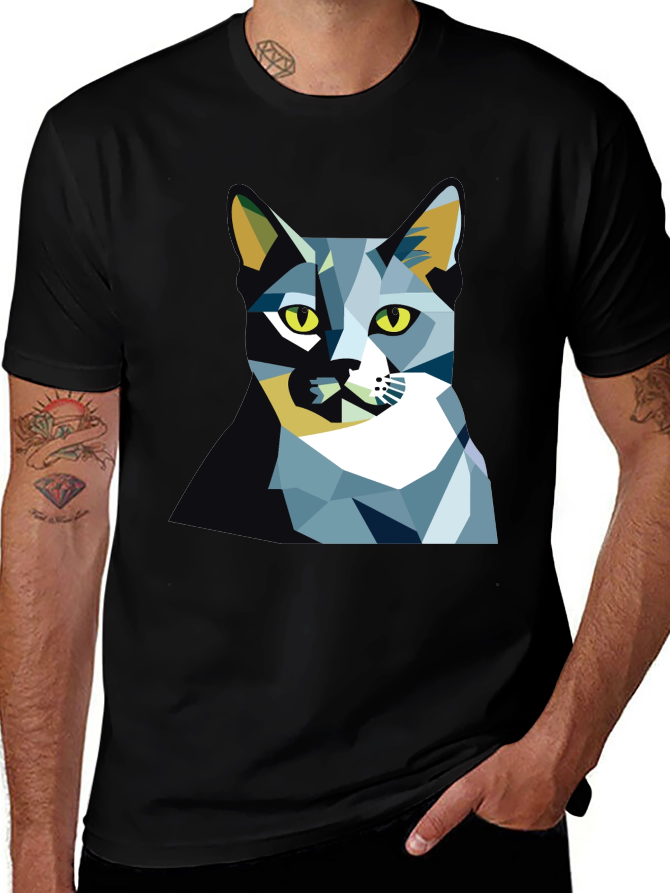 Geometric Cat Graphic Tee - Modern Art Shirt