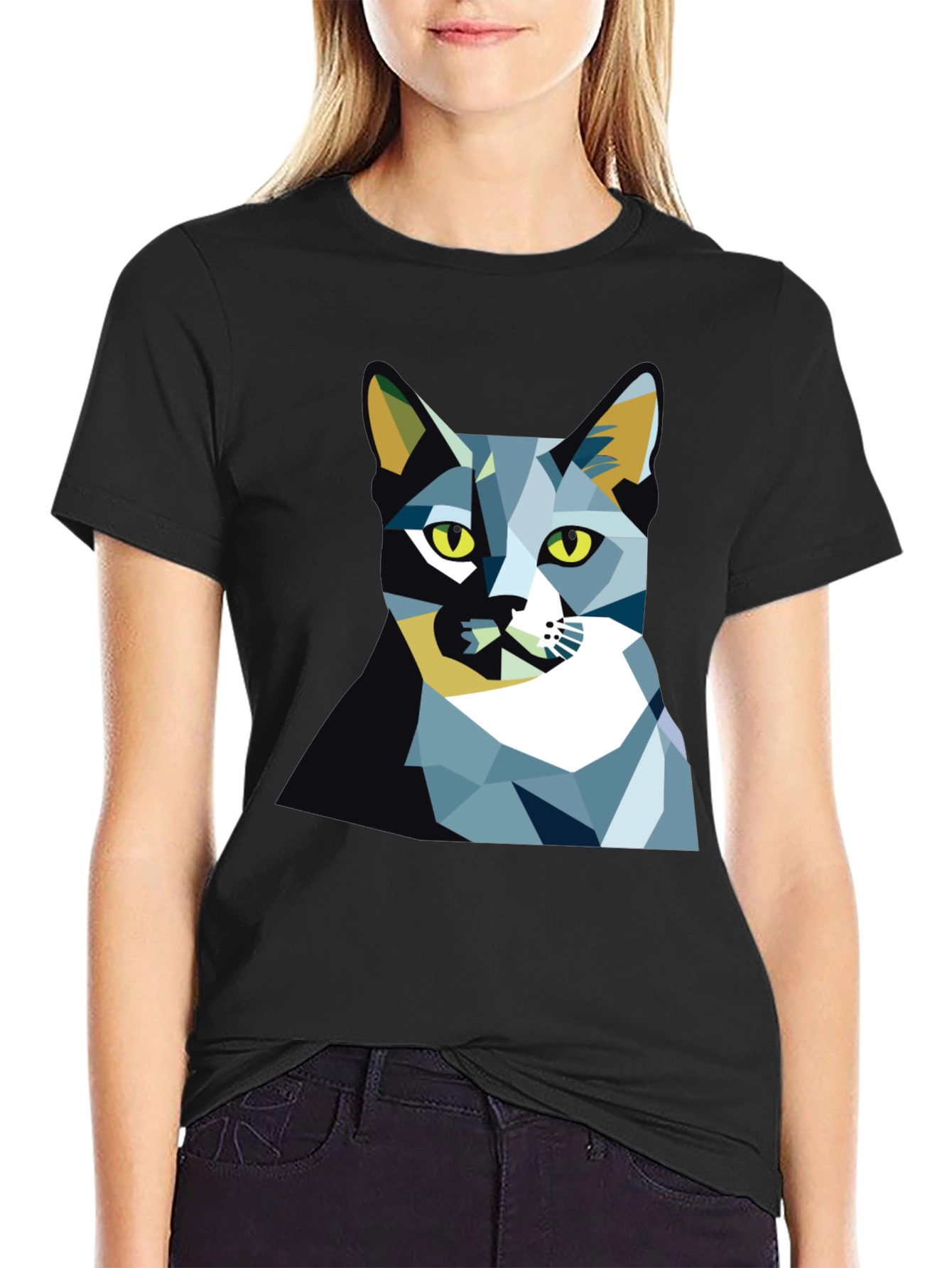 Geometric Cat Graphic Tee - Modern Art Shirt