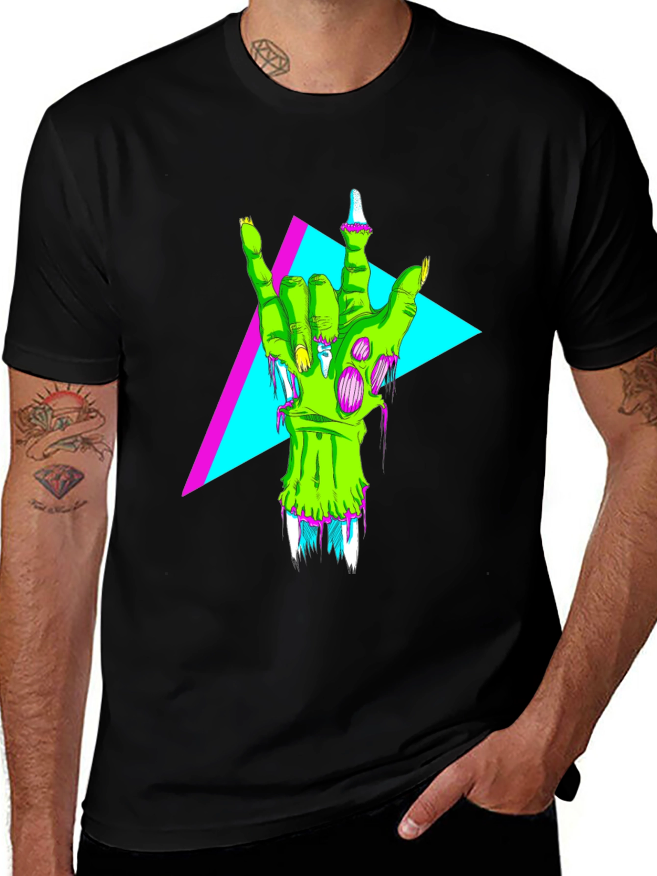 Neon Zombie Rock Hand Graphic T-Shirt