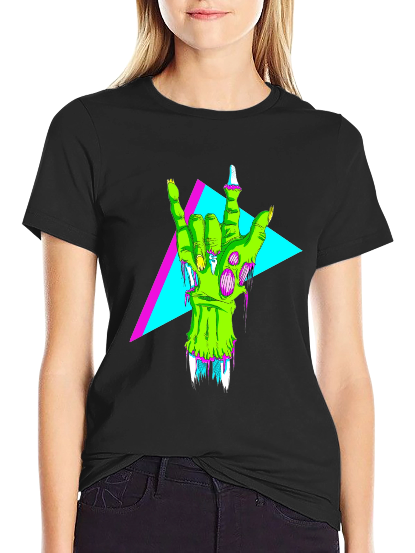 Neon Zombie Rock Hand Graphic T-Shirt
