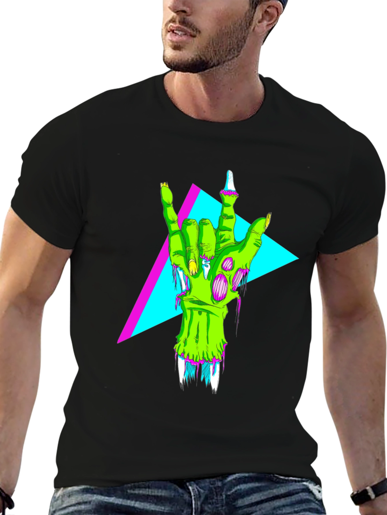 Neon Zombie Rock Hand Graphic T-Shirt