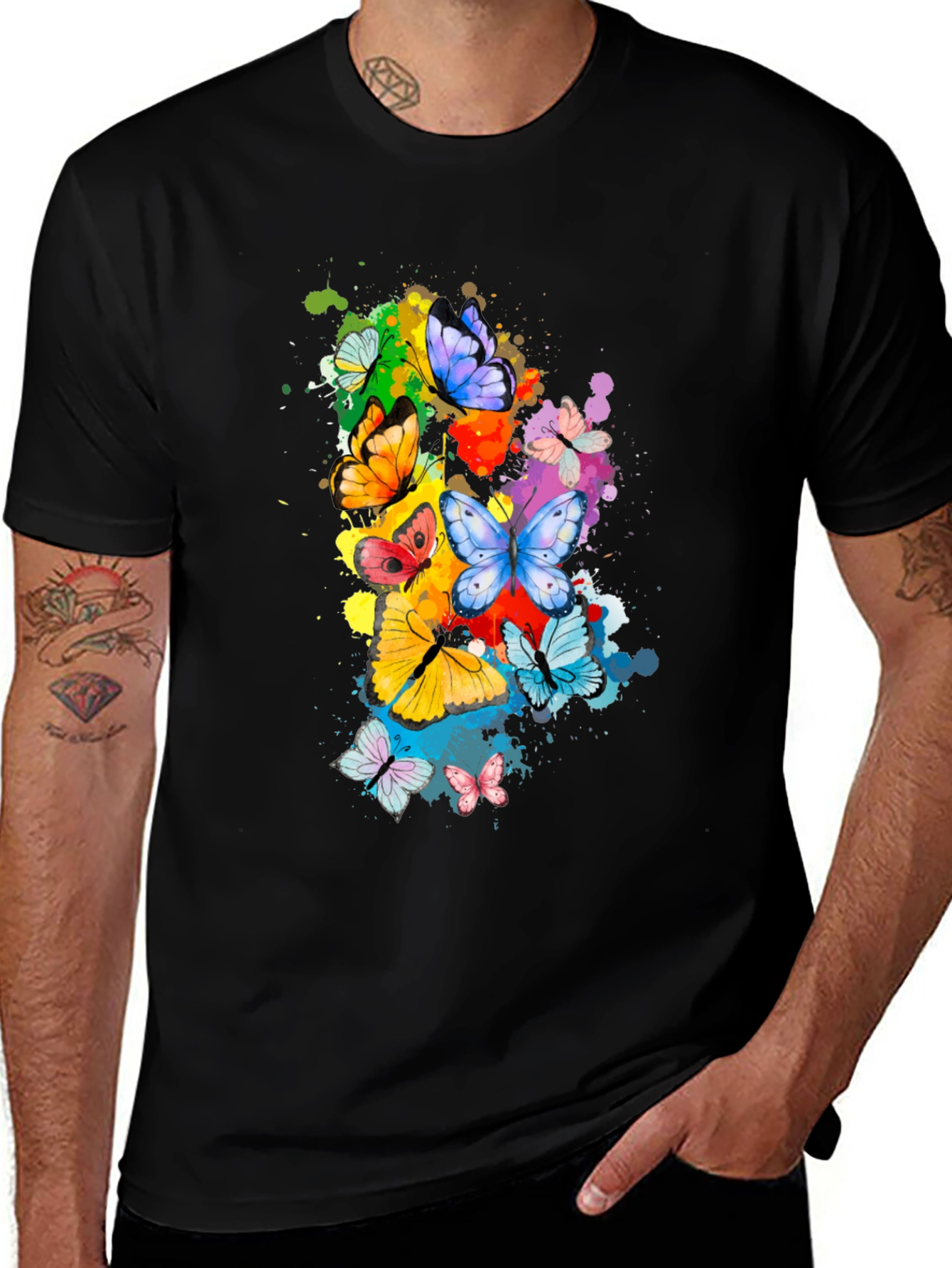 Butterfly Splatter Print Black T-Shirt