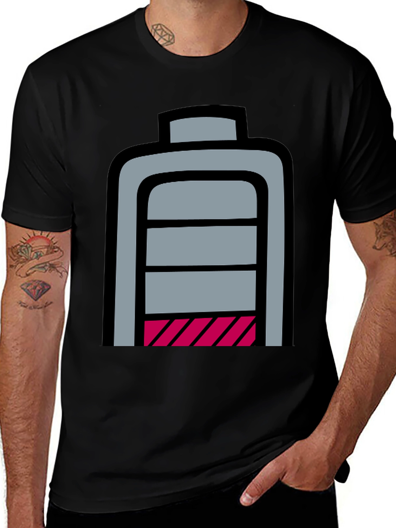Low Battery Graphic T-Shirt - Black Cotton Casual Tee