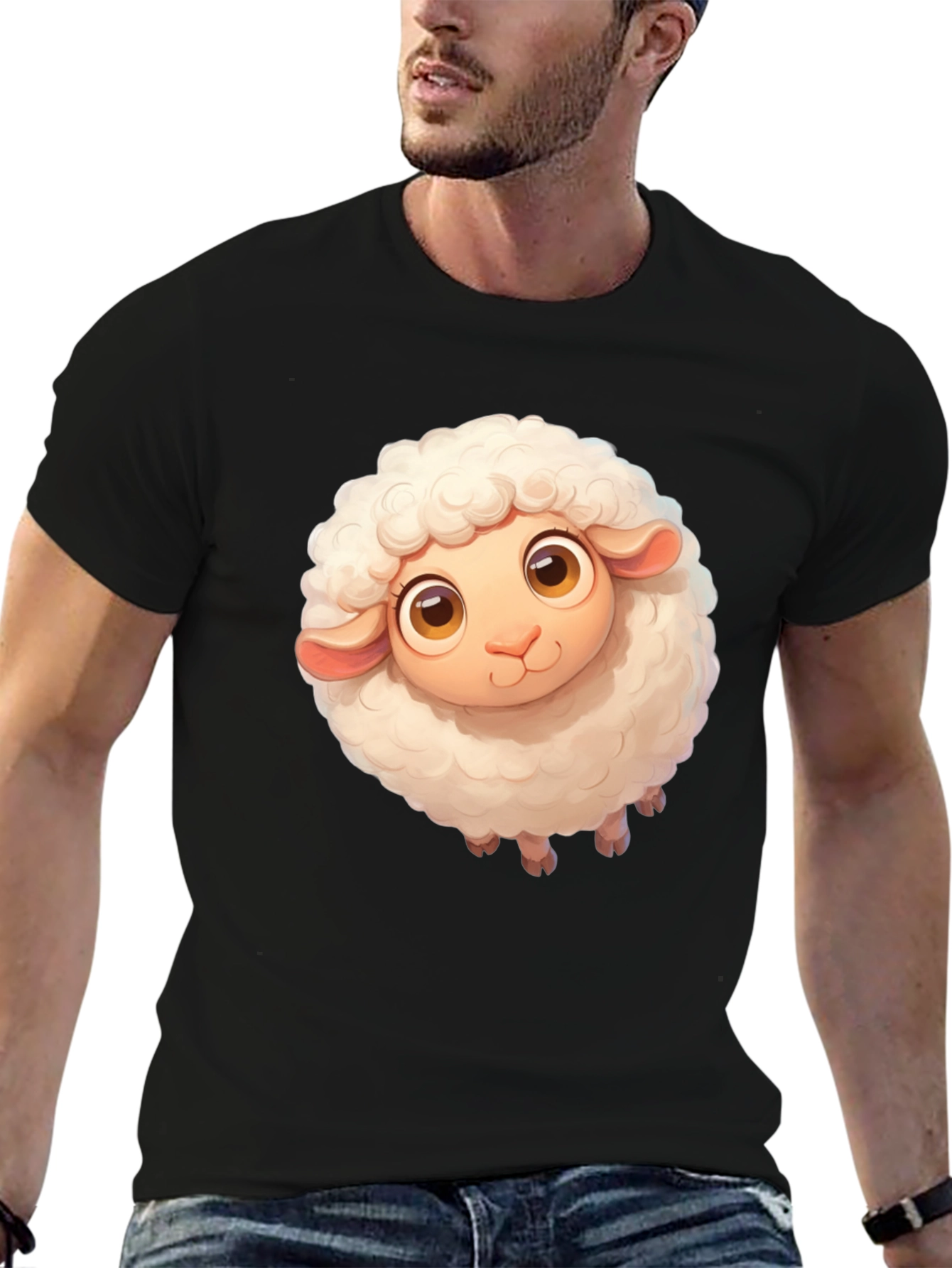 Cute Sheep Graphic Tee - Black Cotton Blend