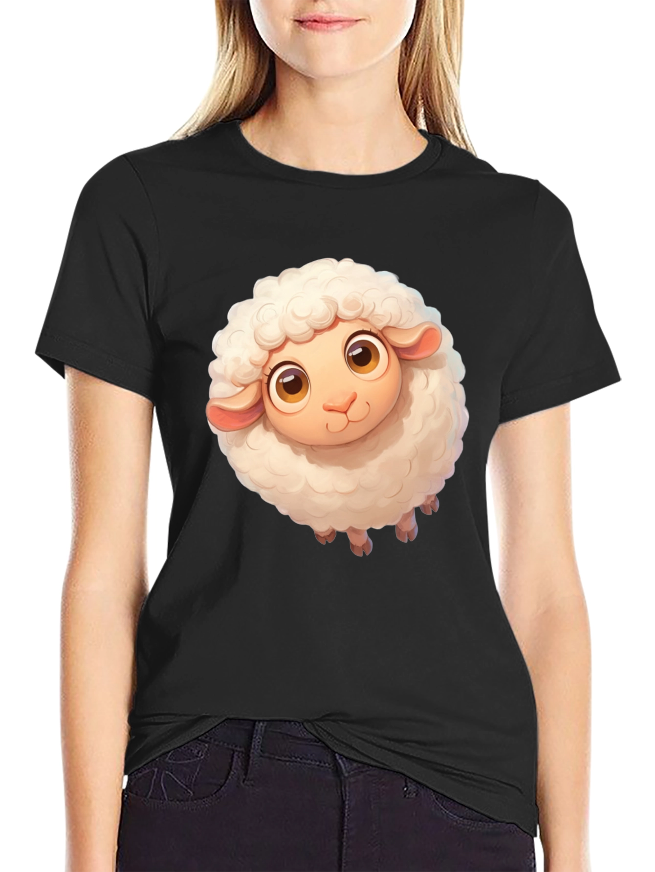 Cute Sheep Graphic Tee - Black Cotton Blend