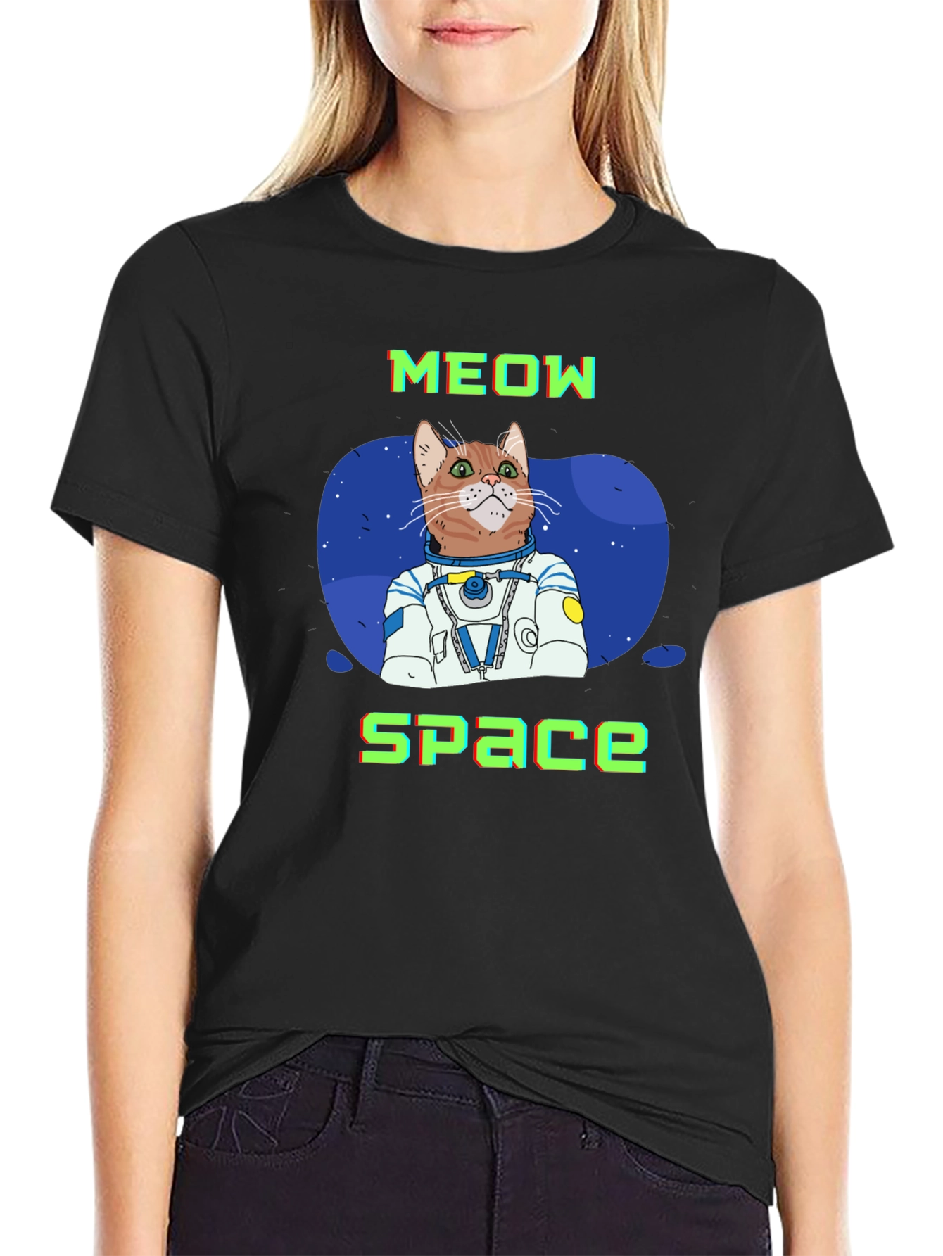 Meow Space Cat Astronaut T-Shirt - Black