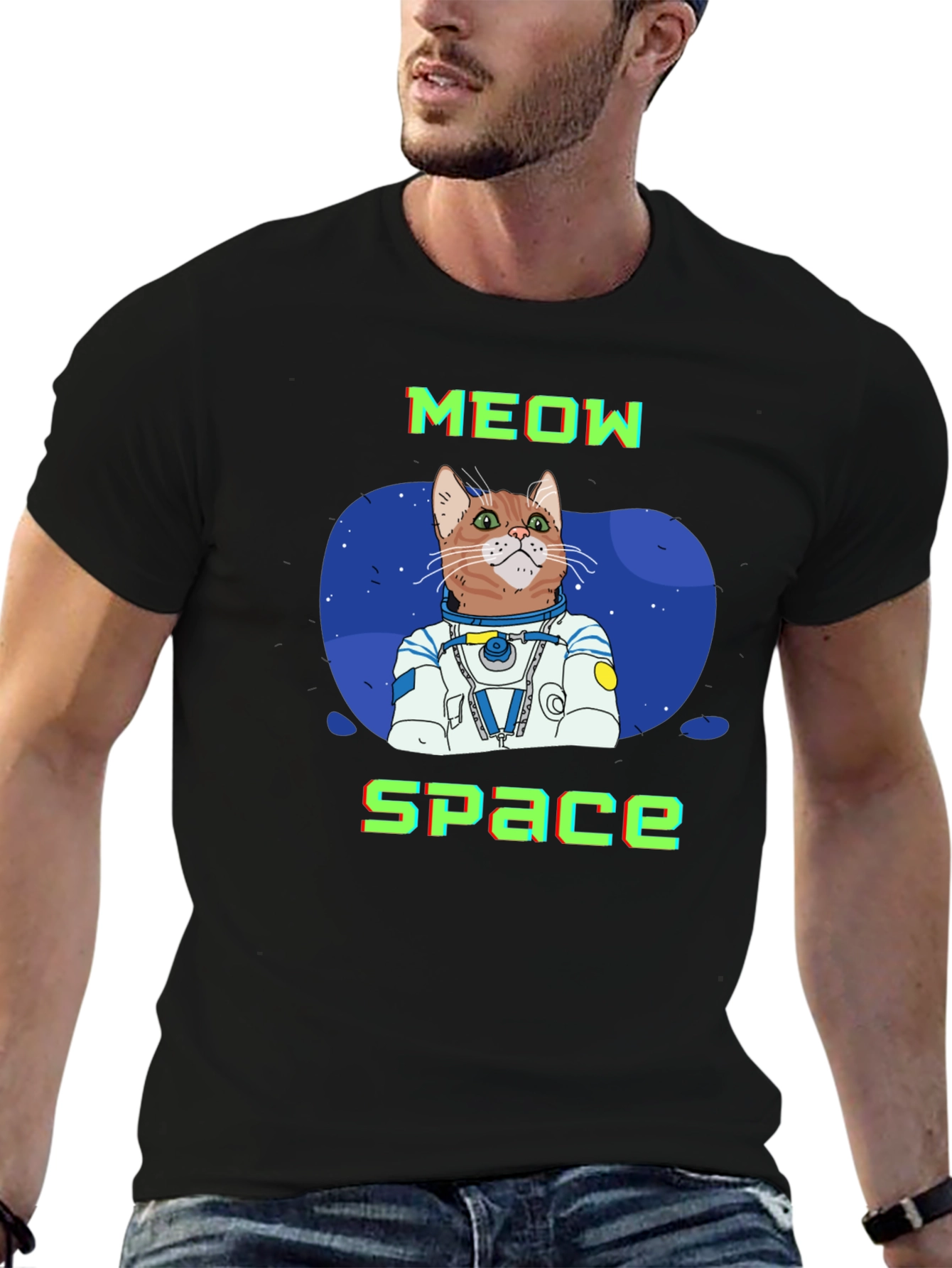 Meow Space Cat Astronaut T-Shirt - Black