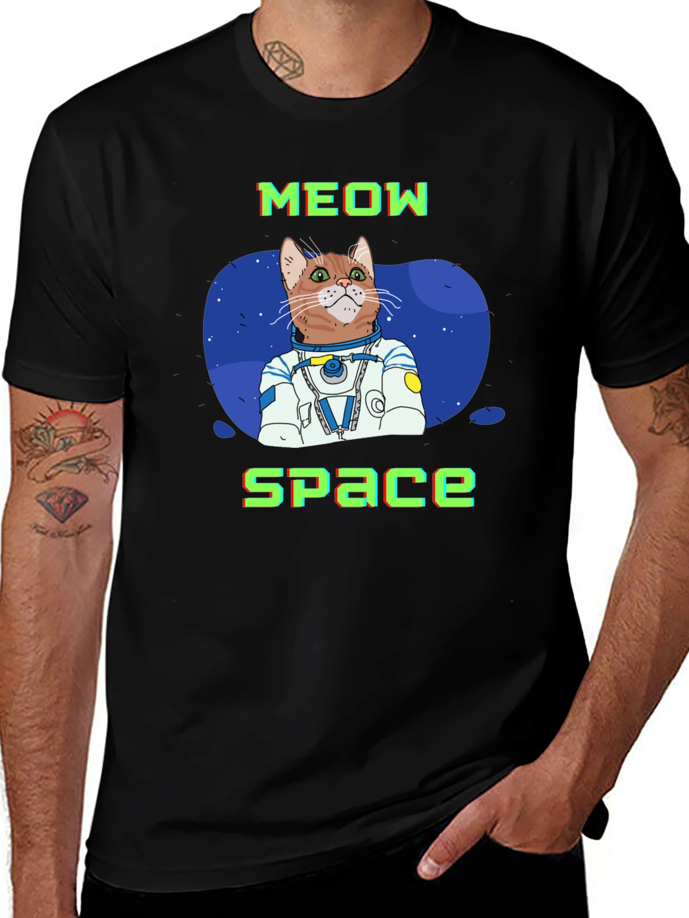 Meow Space Cat Astronaut T-Shirt - Black
