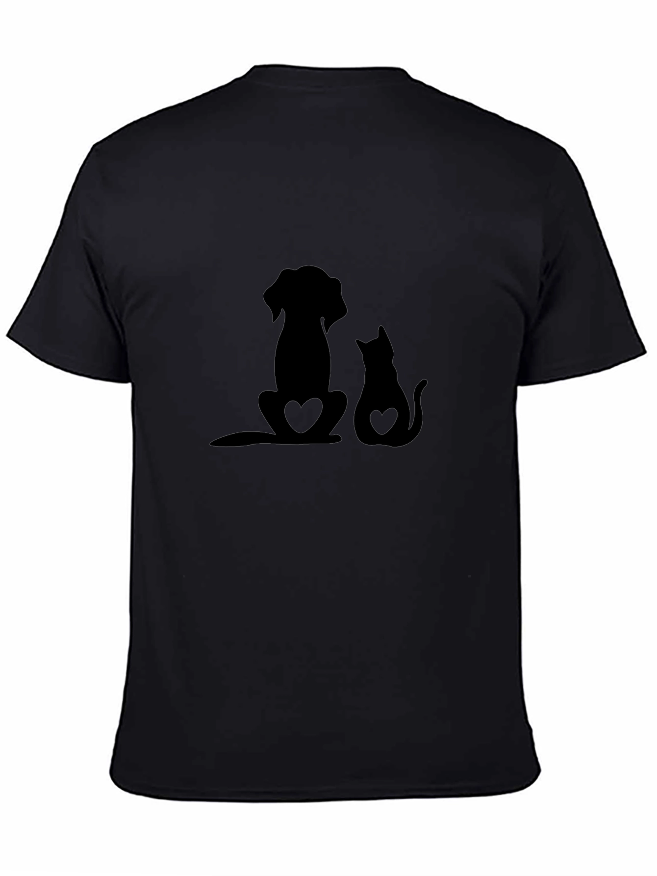 Dog and Cat Heart Silhouette Black T-Shirt