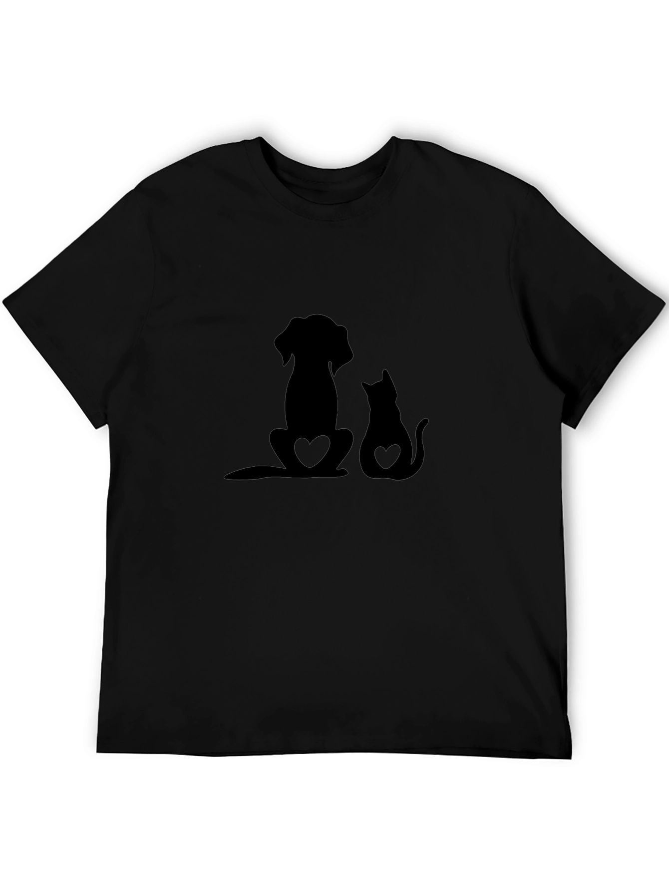 Dog and Cat Heart Silhouette Black T-Shirt