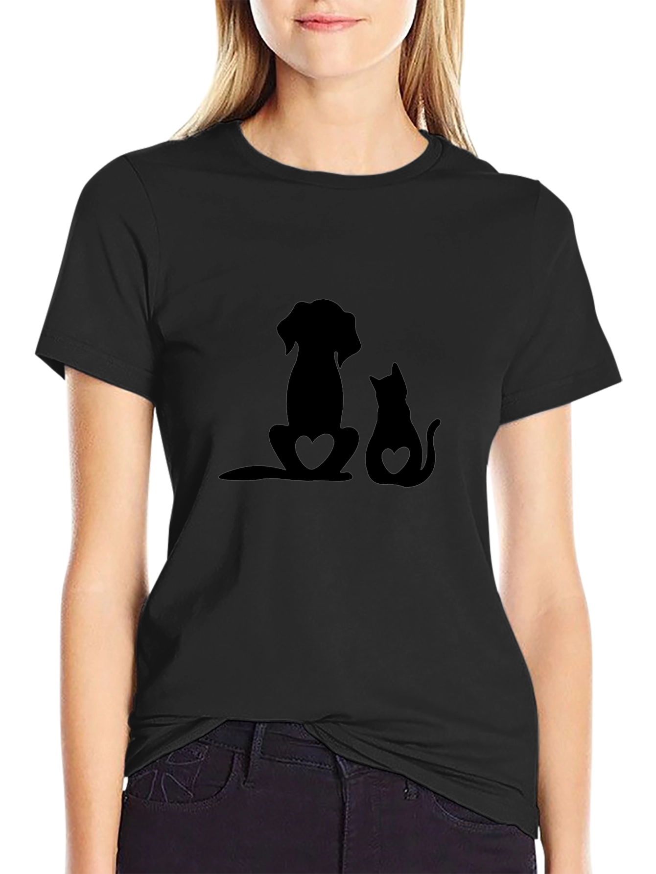 Dog and Cat Heart Silhouette Black T-Shirt