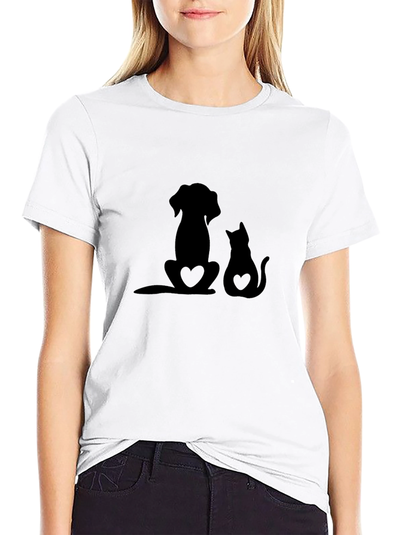 Dog and Cat Heart Silhouette Black T-Shirt