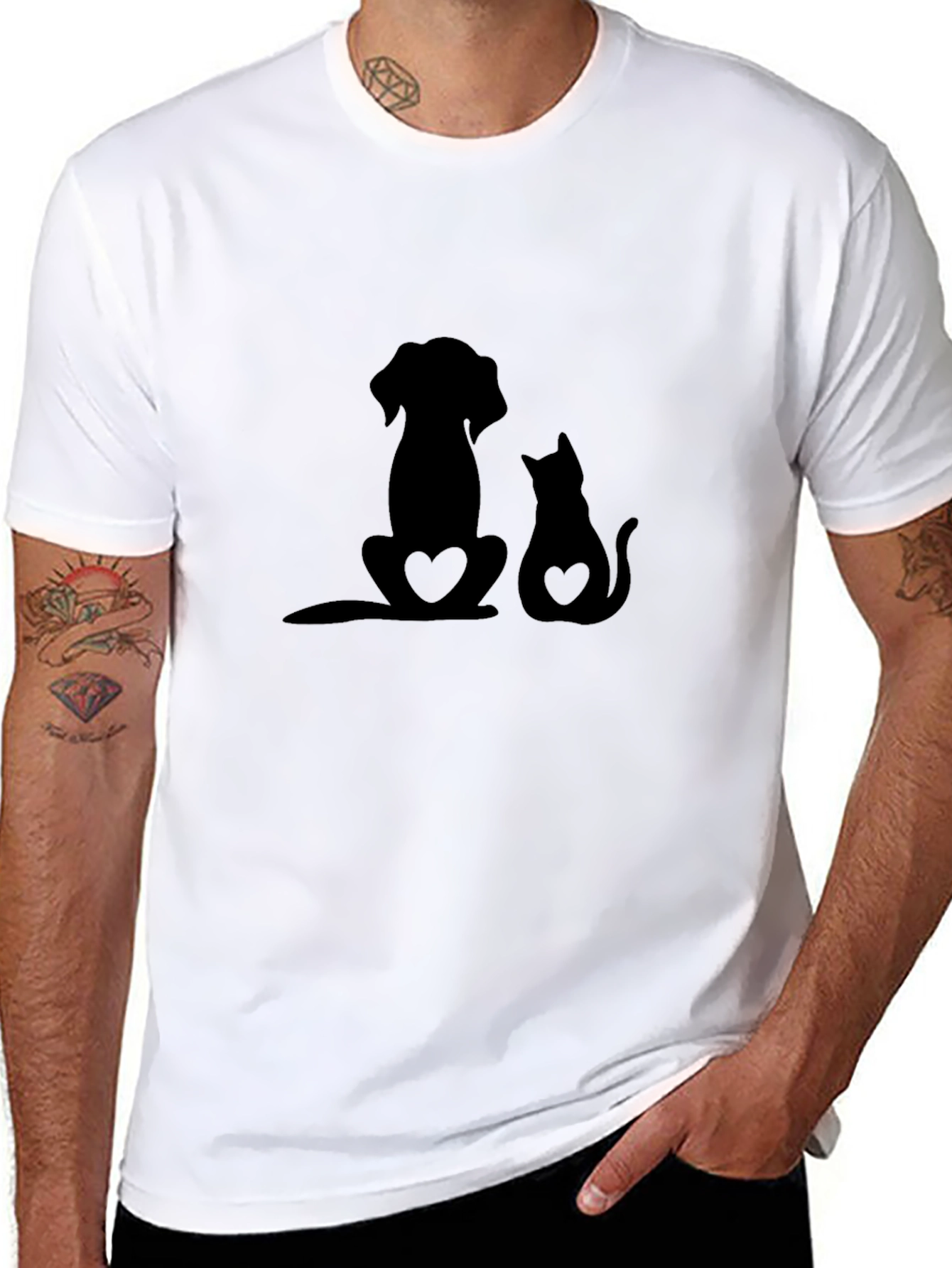 Dog and Cat Heart Silhouette Black T-Shirt