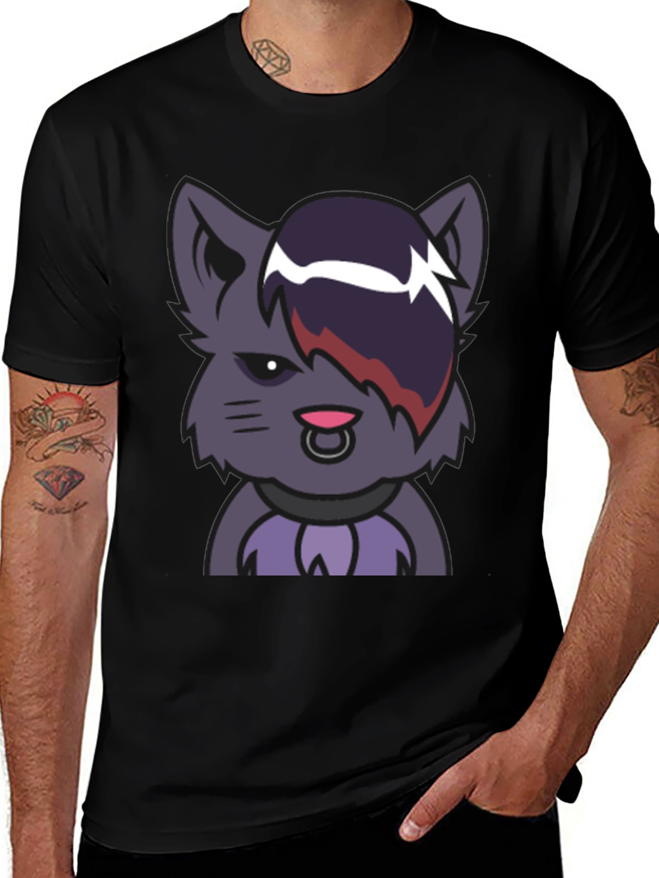Emo Cat Graphic Black T-Shirt