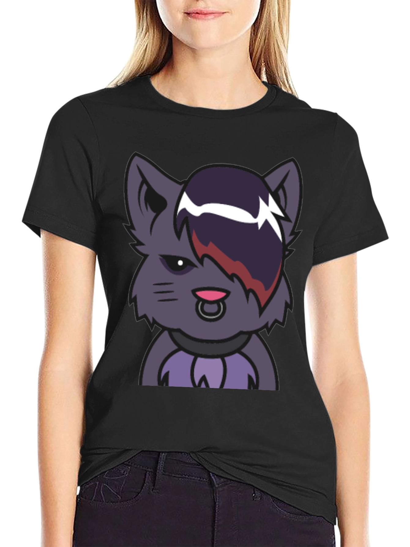 Emo Cat Graphic Black T-Shirt