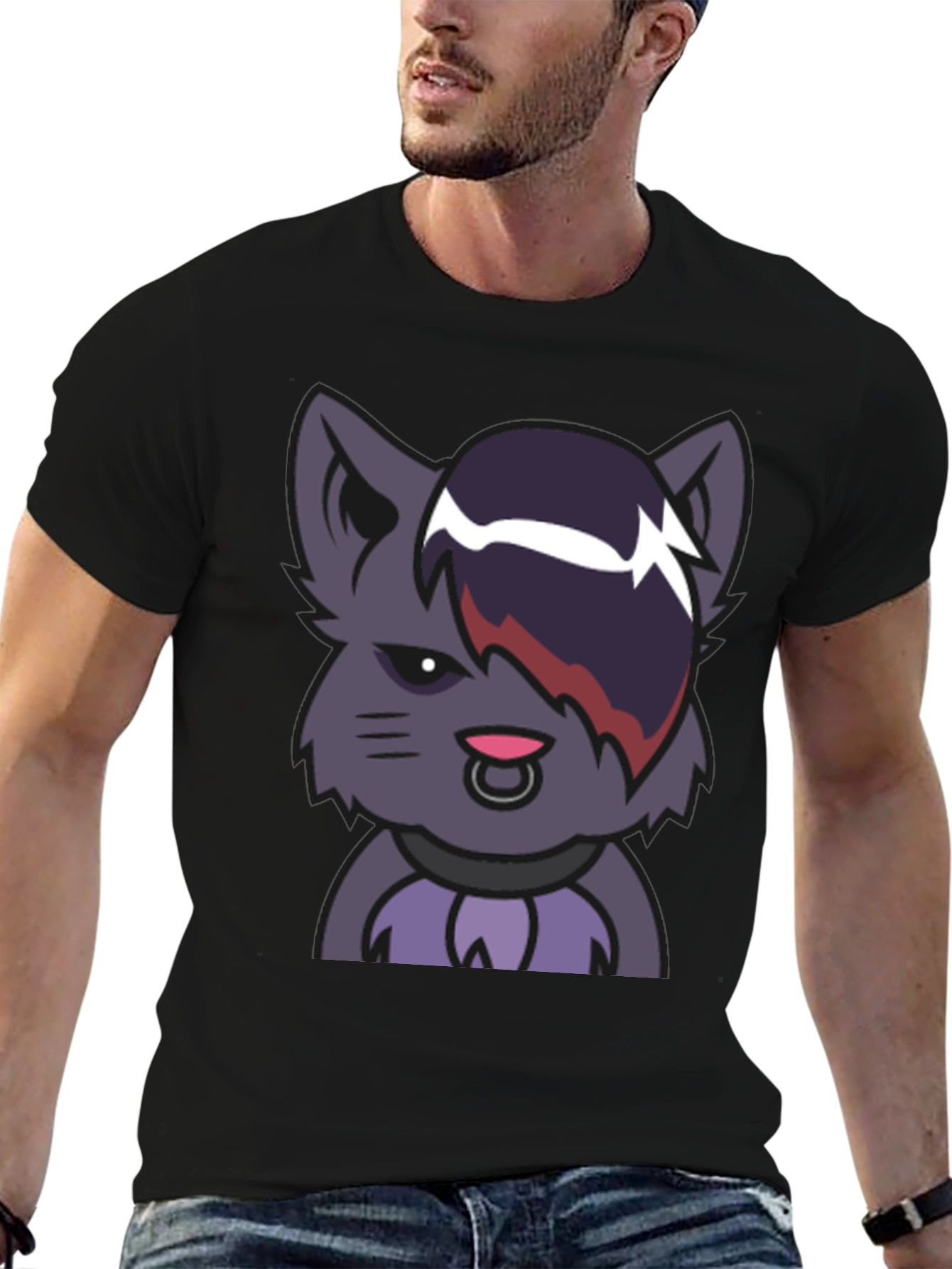 Emo Cat Graphic Black T-Shirt