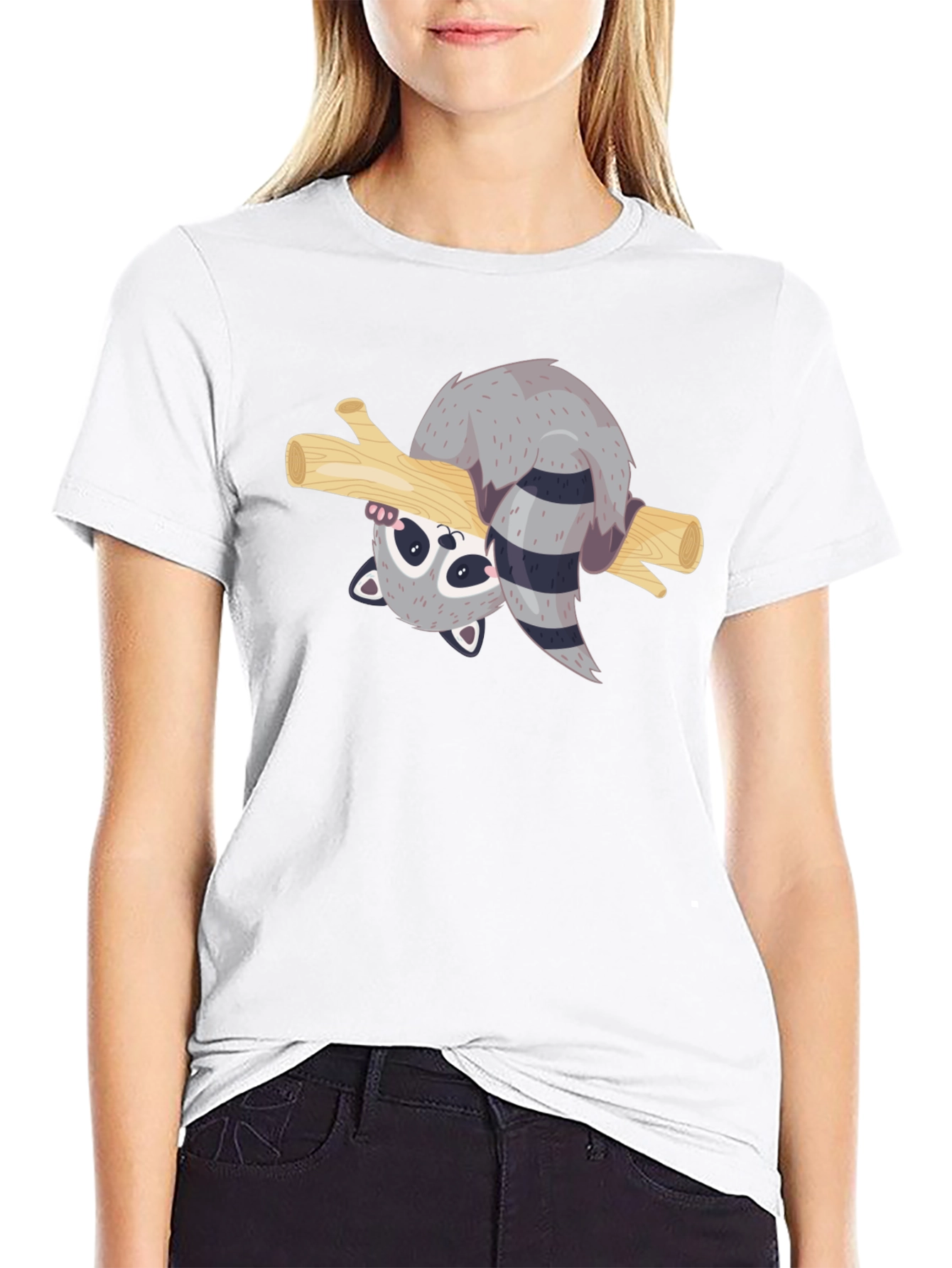 Cute Raccoon on Branch Black T-Shirt