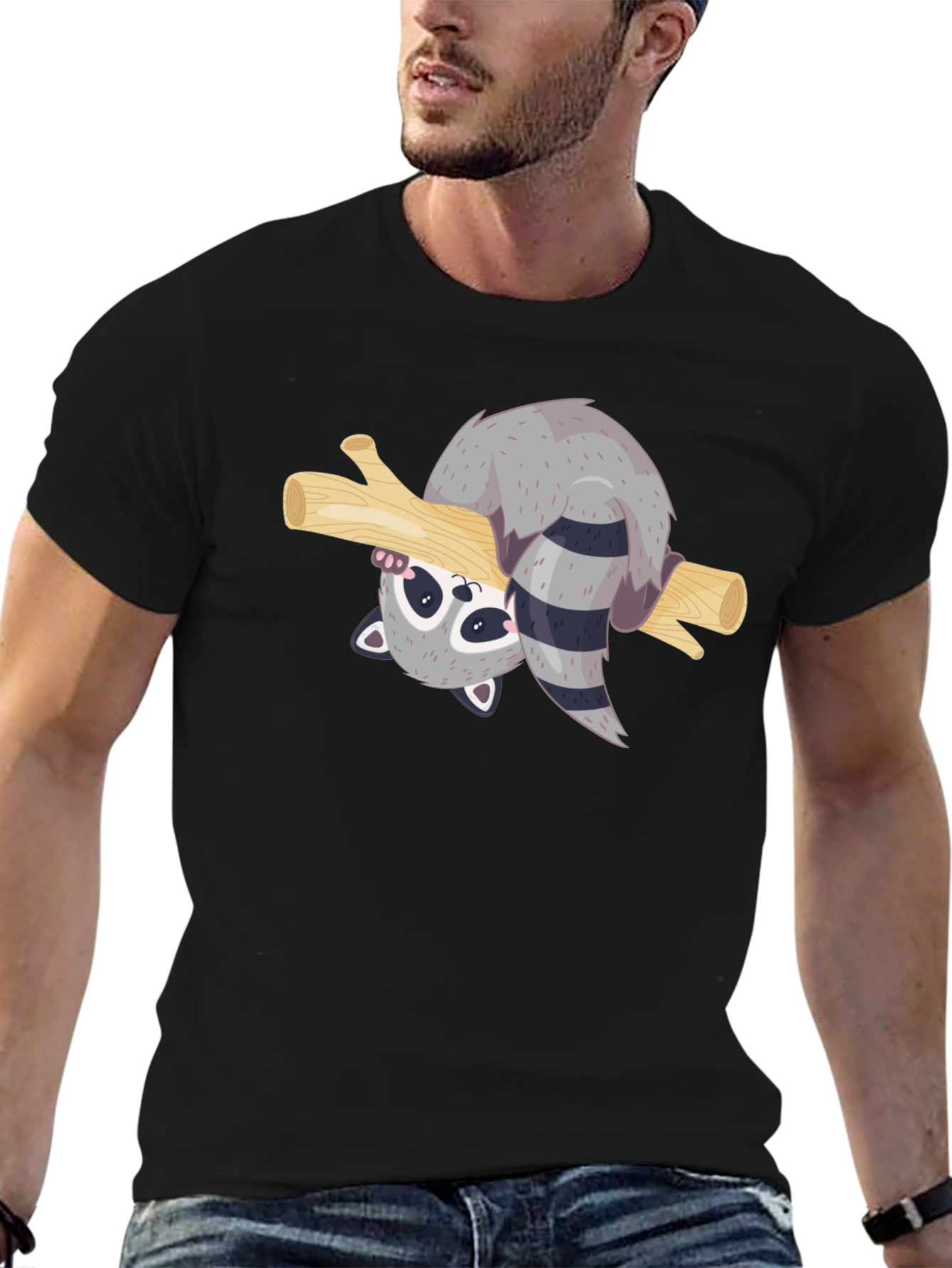 Cute Raccoon on Branch Black T-Shirt