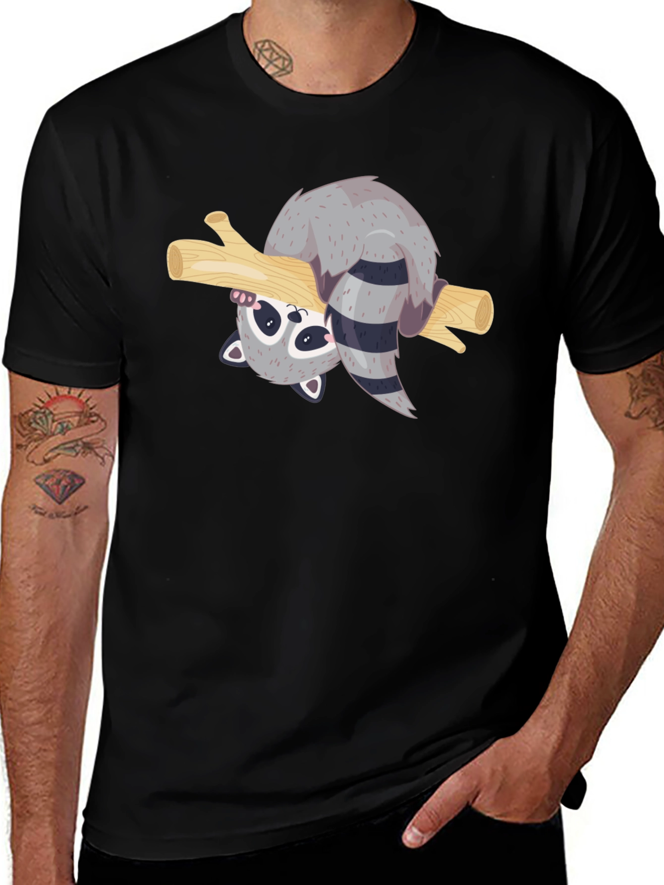 Cute Raccoon on Branch Black T-Shirt