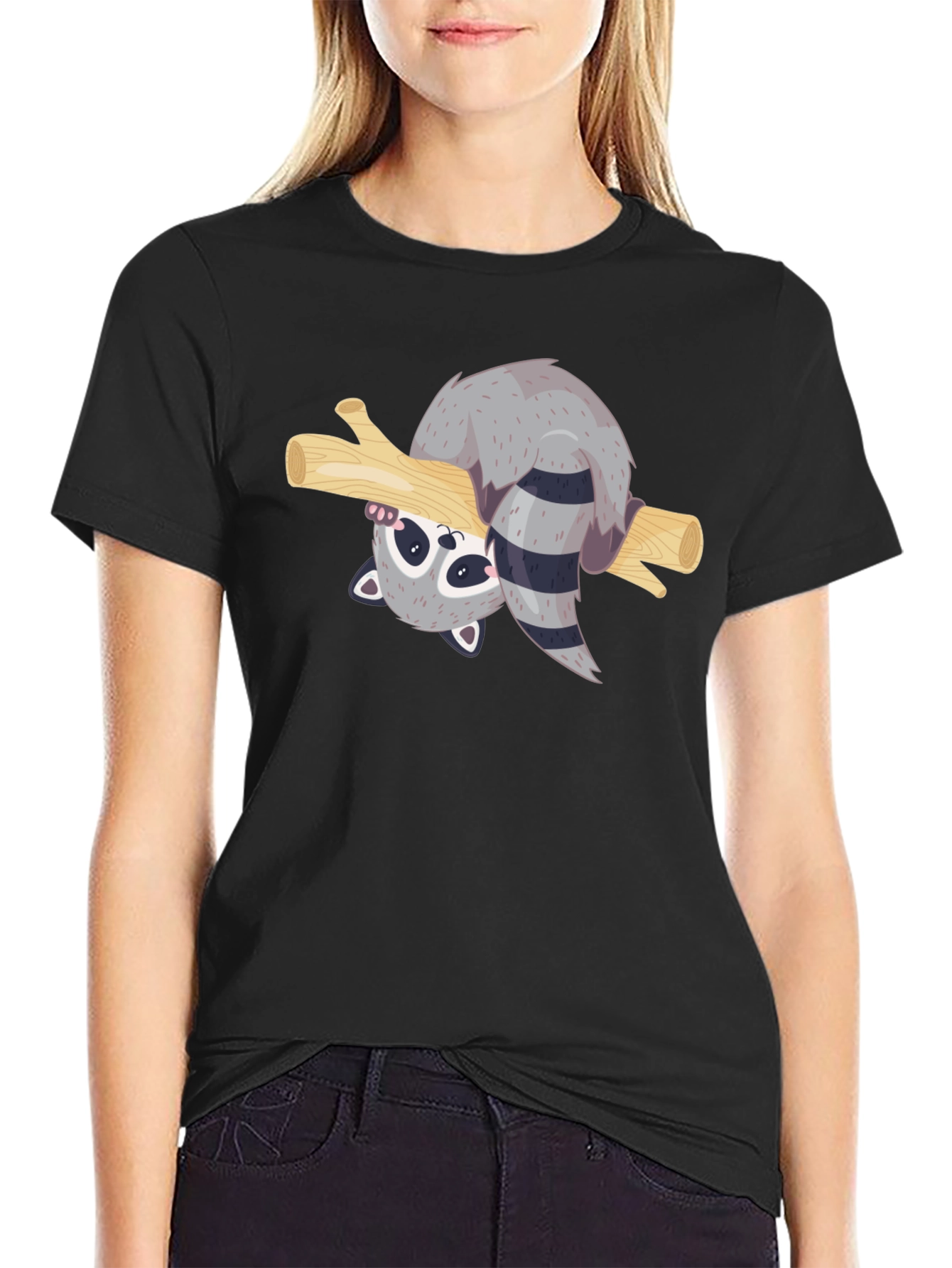 Cute Raccoon on Branch Black T-Shirt